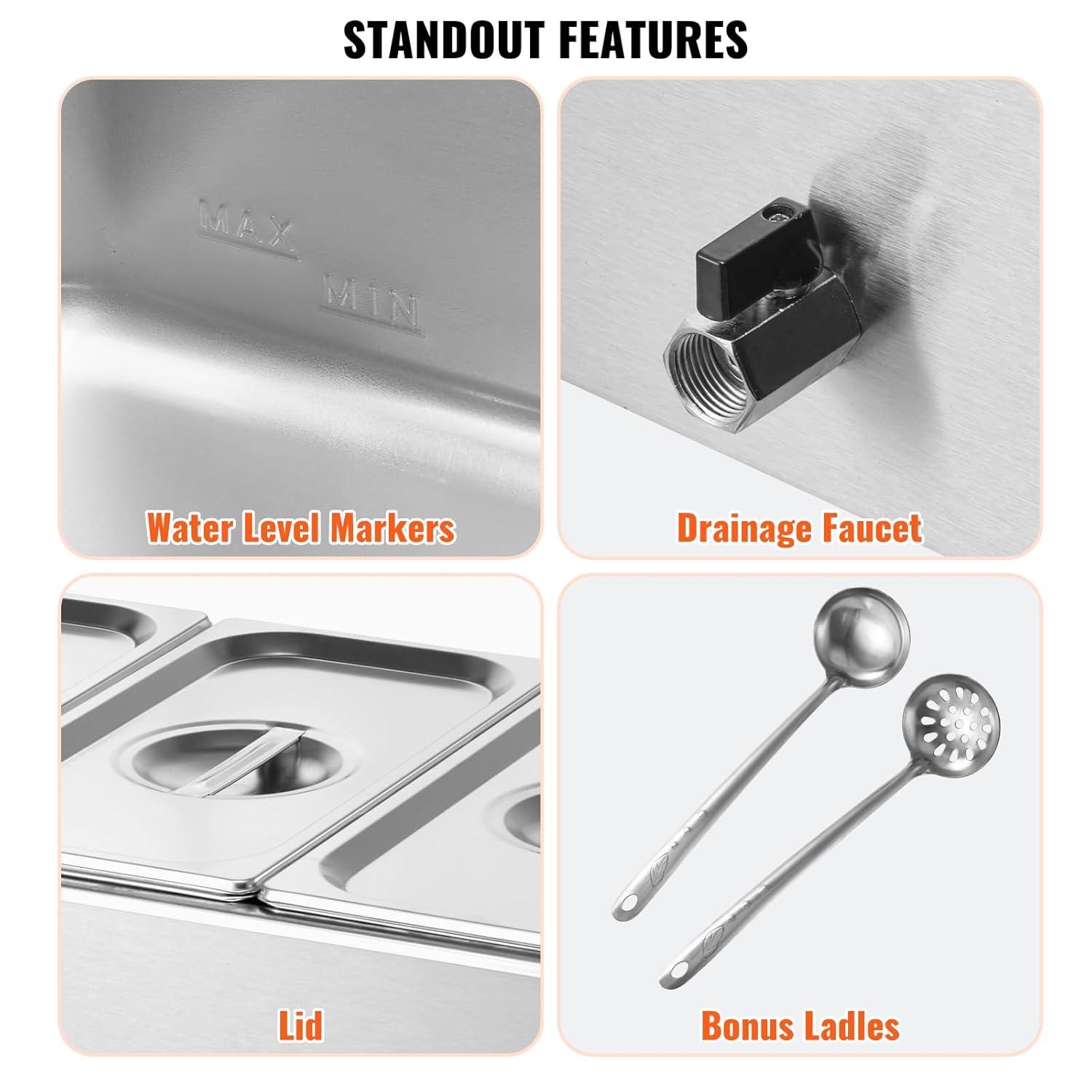 3-Pan Commercial Food Warmer, 17.4QT. Electric Steam Table, 1200W Professional Countertop Stainless Steel Buffet