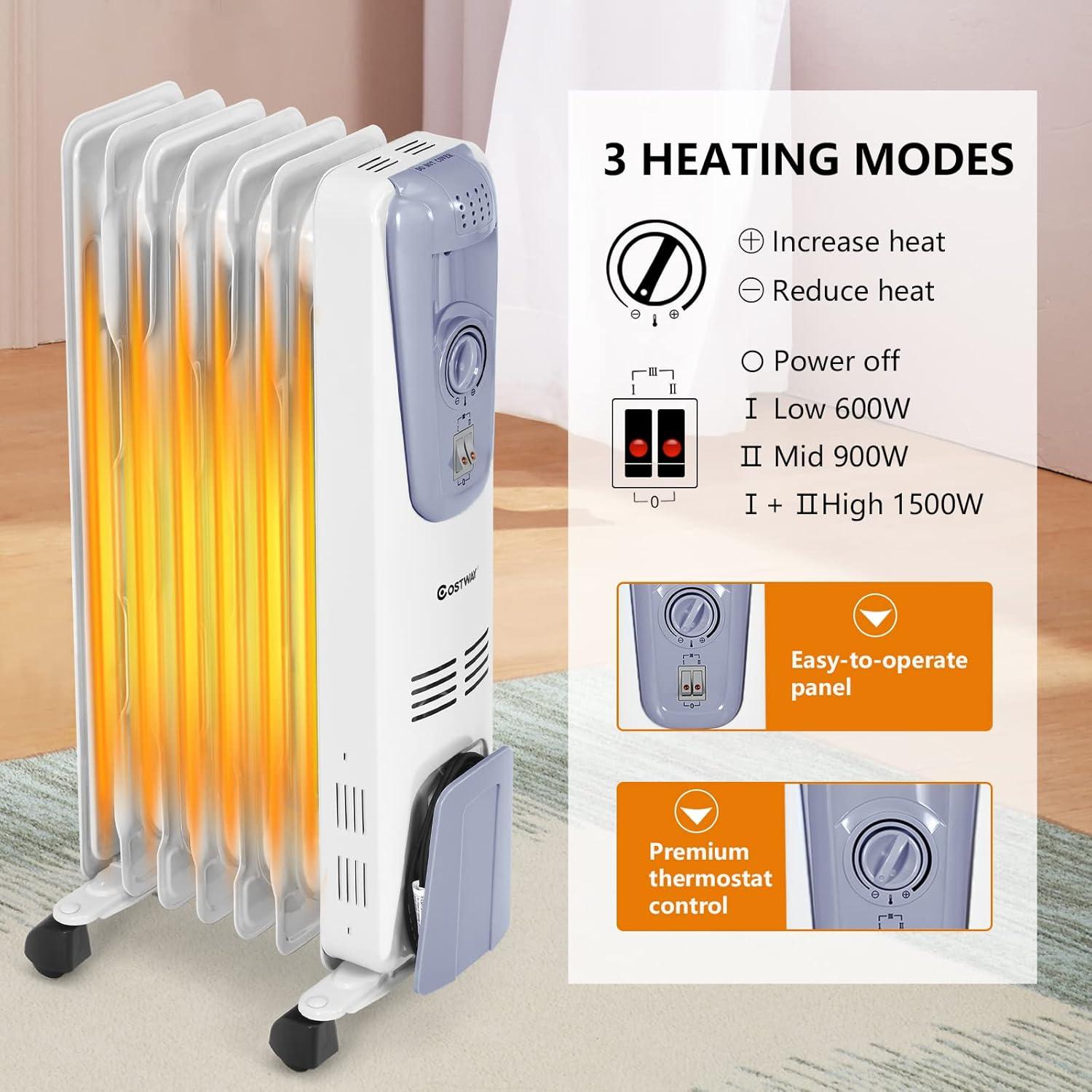 Blue and White 1500W Oil-Filled Radiator Heater with Thermostat