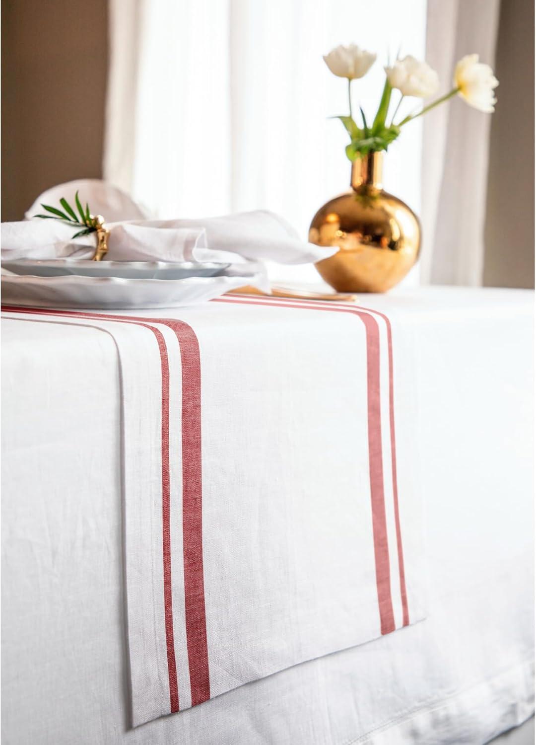 Red and White Striped Linen Table Runner 120" Long