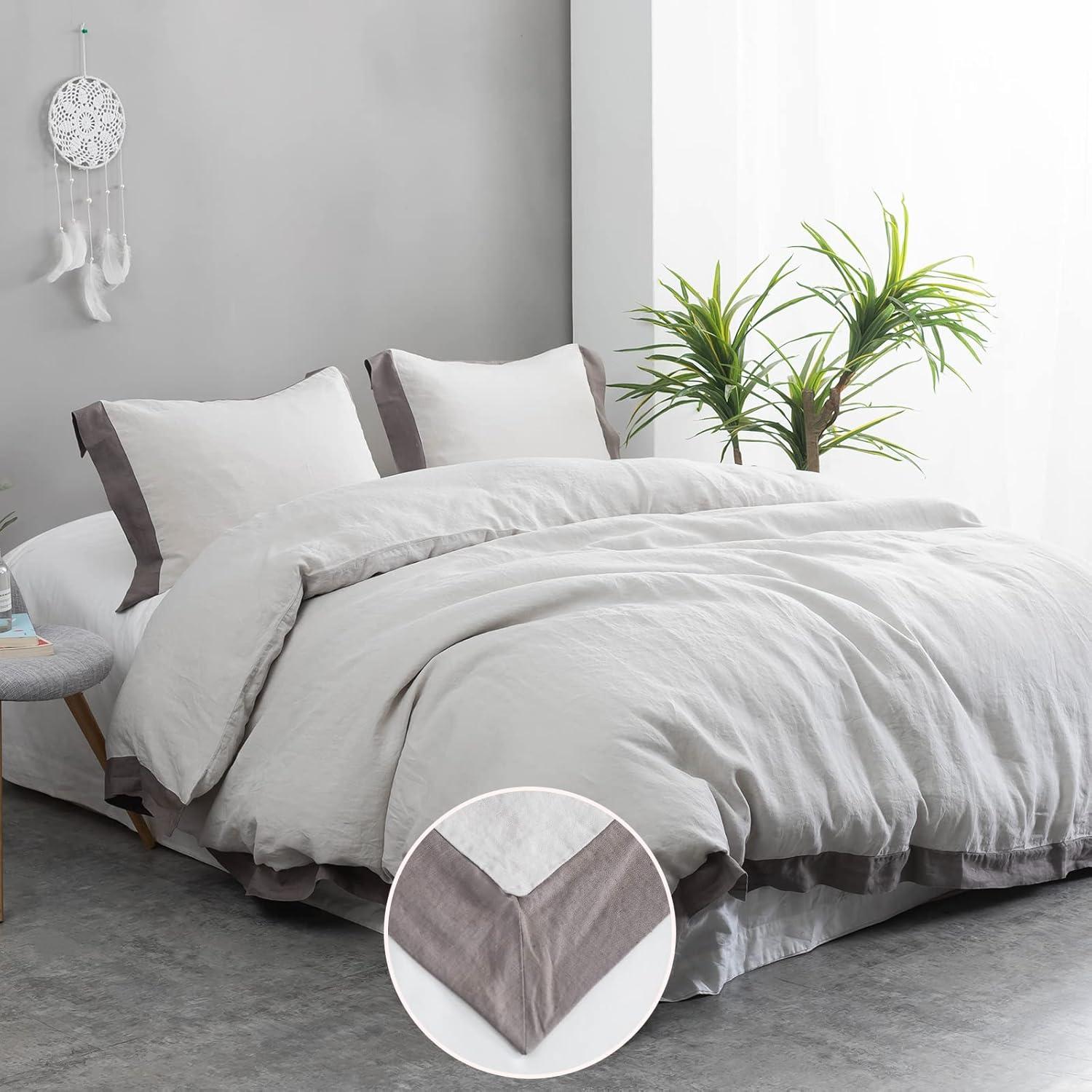 Twin Size Grey Linen Duvet Cover Set with Pillowcase