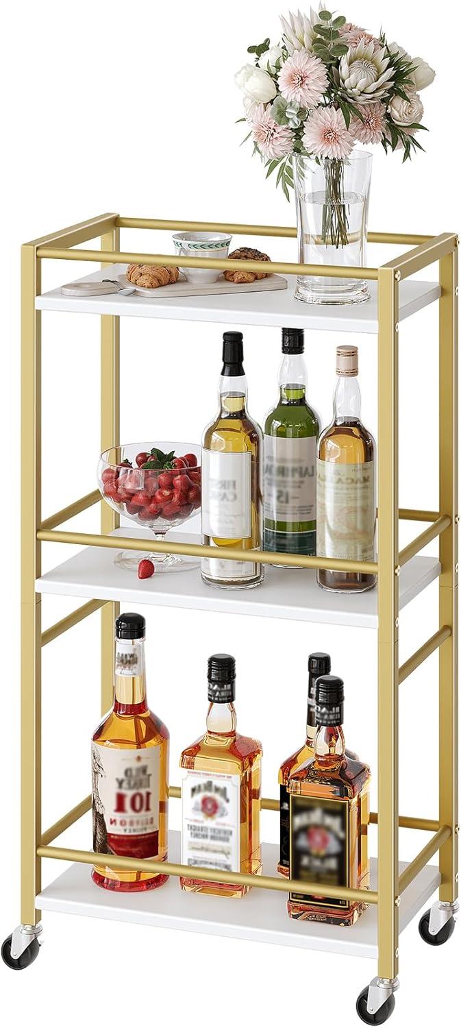 Gold and White Narrow Kitchen Cart with Storage