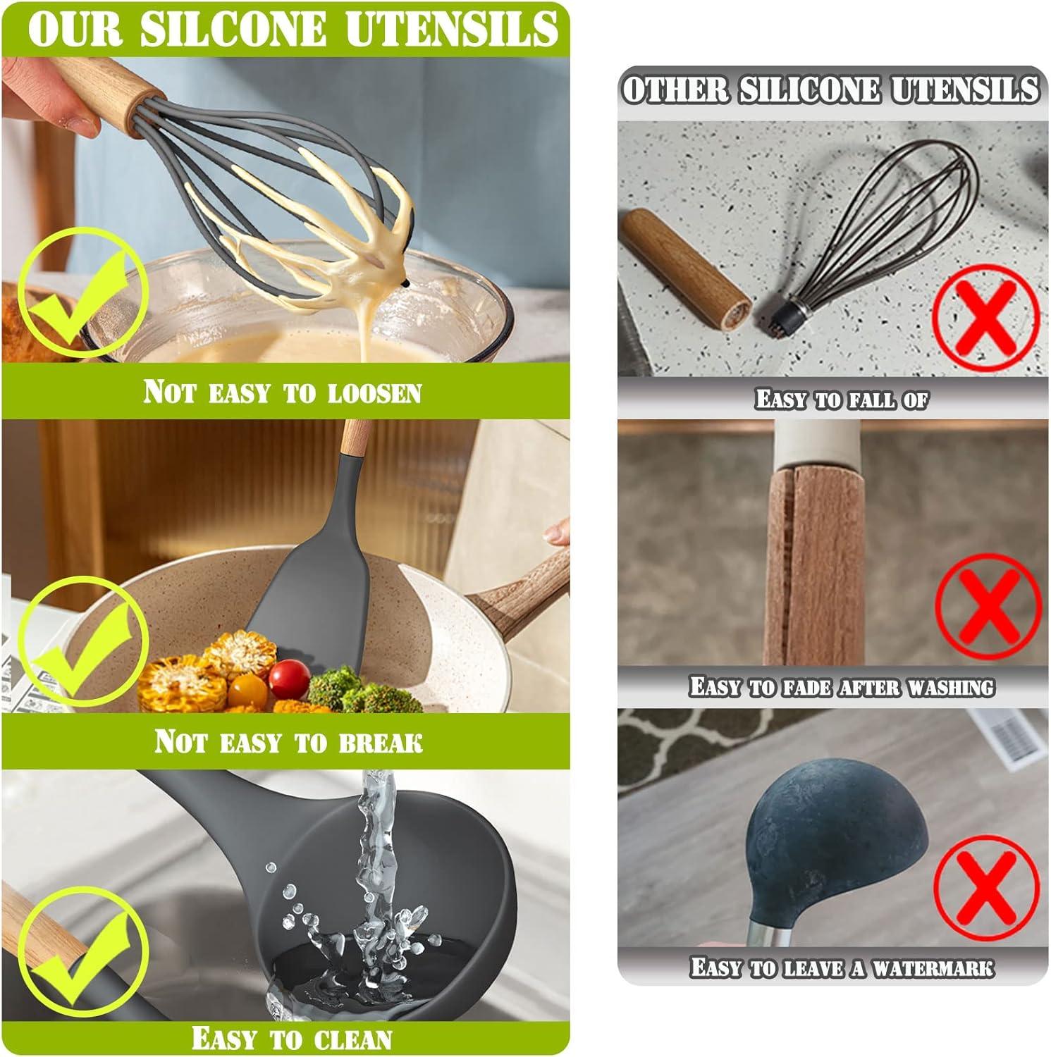 Silicone Kitchen Cooking Utensils Sets with Holder,Nonstick Heat Resistant,Wooden Handle,Black