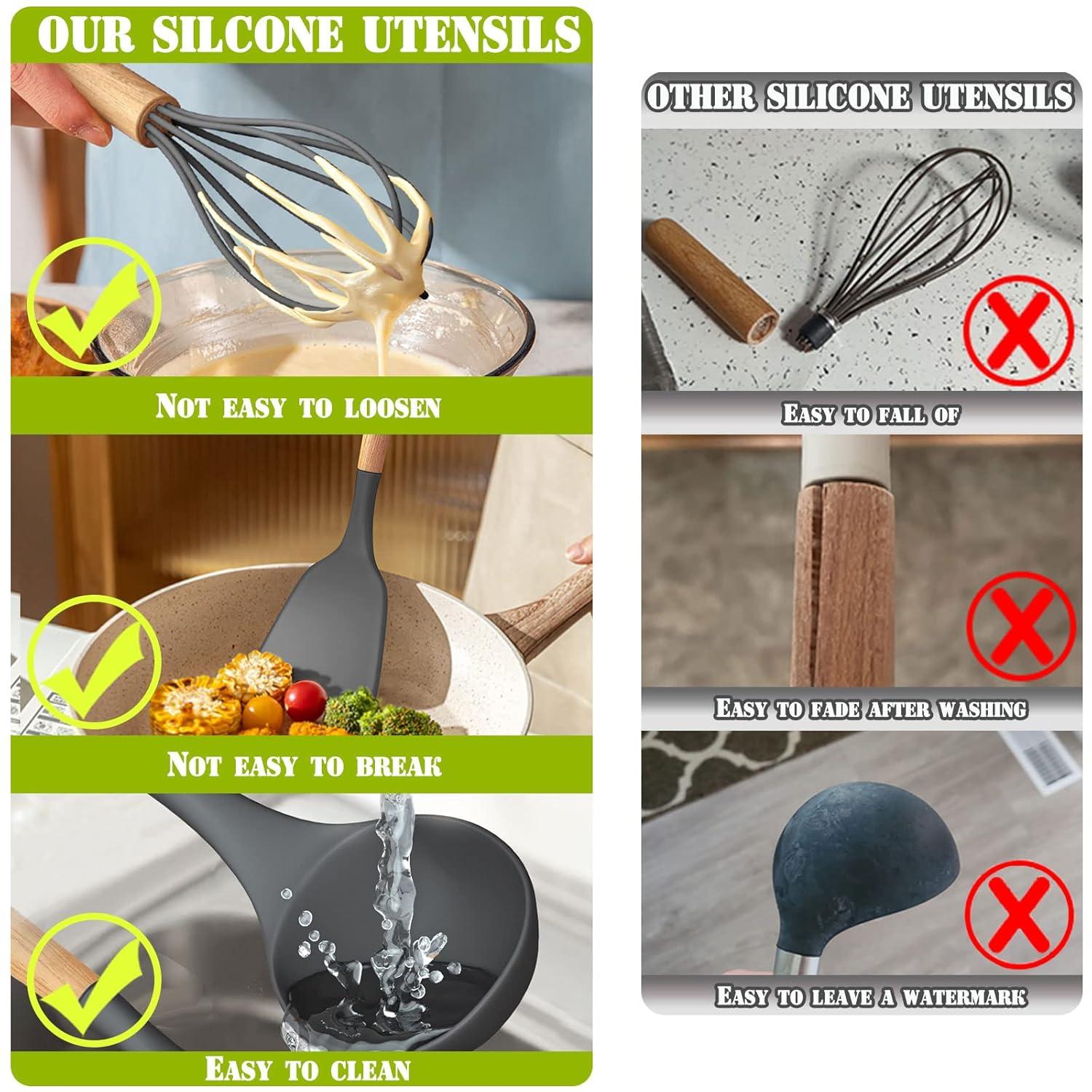 Silicone Kitchen Cooking Utensils Sets with Holder,Nonstick Heat Resistant,Wooden Handle,Black