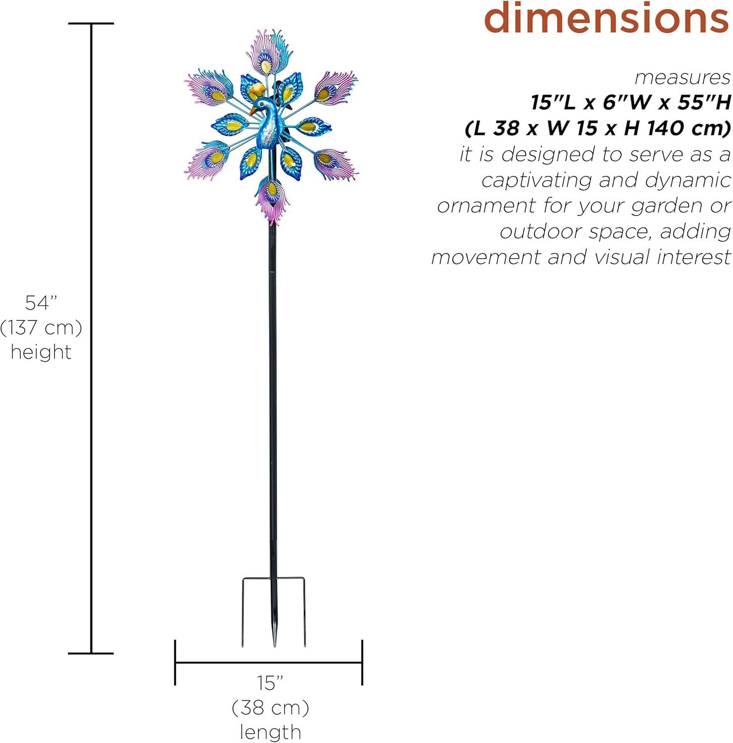 55'' Multicolor Iron Double Layer Peacock Wind Spinner Garden Stake