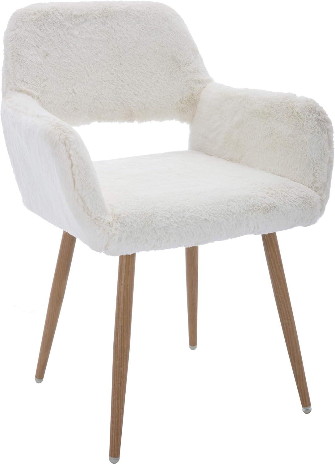 KCC Furry Desk Chair, Mid-Century Modern Accent Armchair with Faux Fur for Teen Girls, Dining Chair With Wood Look Metal Legs Living Dining Room, Home Vanity Makeup Office No Wheel, White