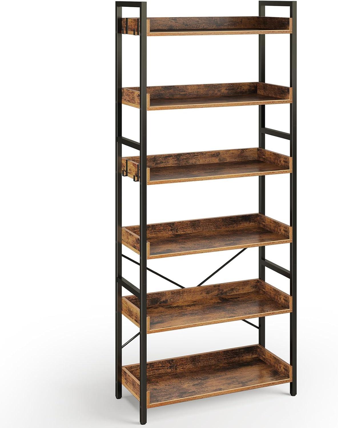 Bookshelf 6 Tier with 4 Hooks  Industrial Bookcase  Vintage Storage Rack with Open Shelves  Rustic Standing Bookshelves Metal Frame Display Rack for Living Room  Bedroom  Rustic Brown