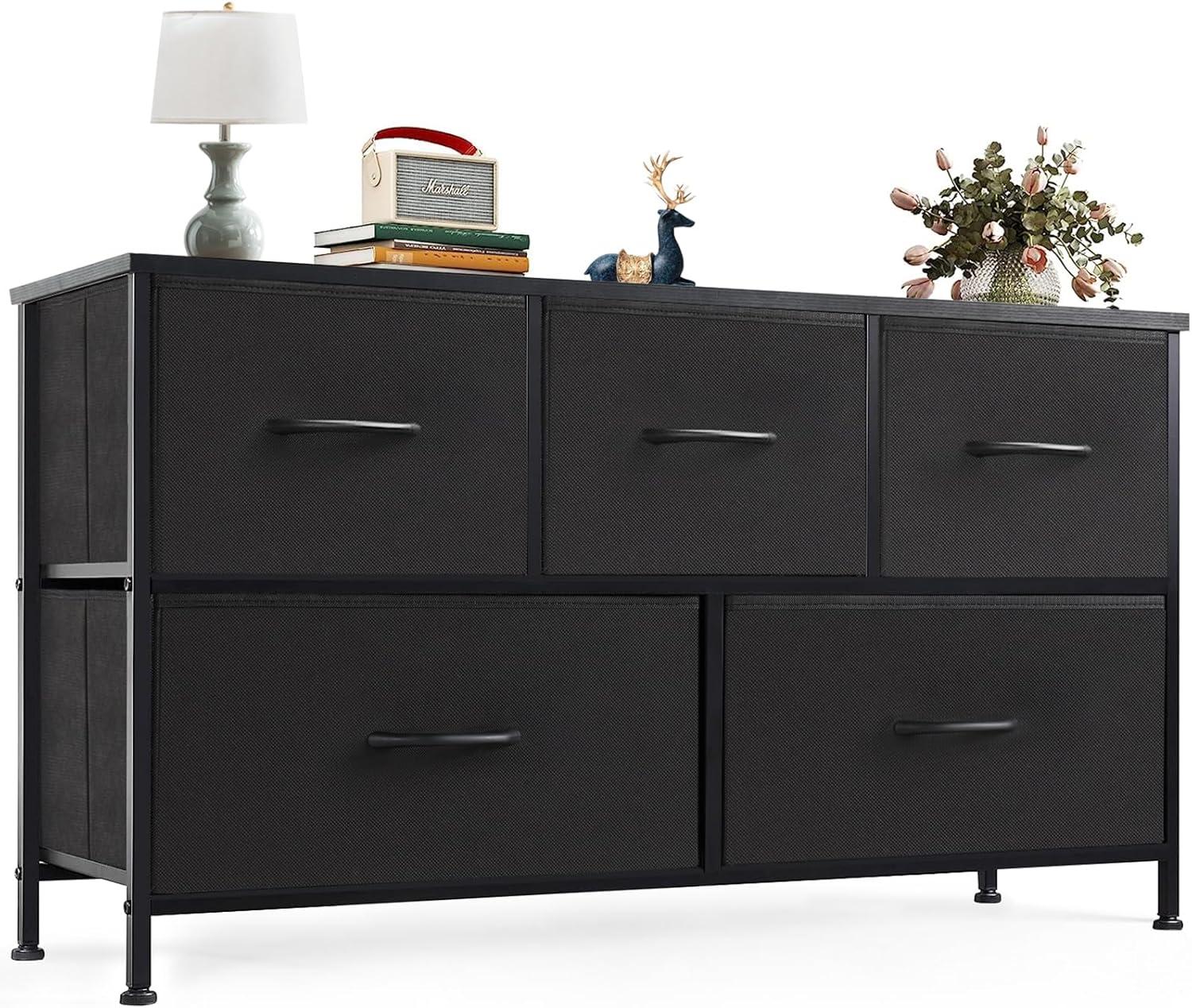 Chest of Drawers with Fabric Bins, Organizer Storage 5, Long Dresser with Wood Top for Bedroom, Closet, Entryway, Rust Brown