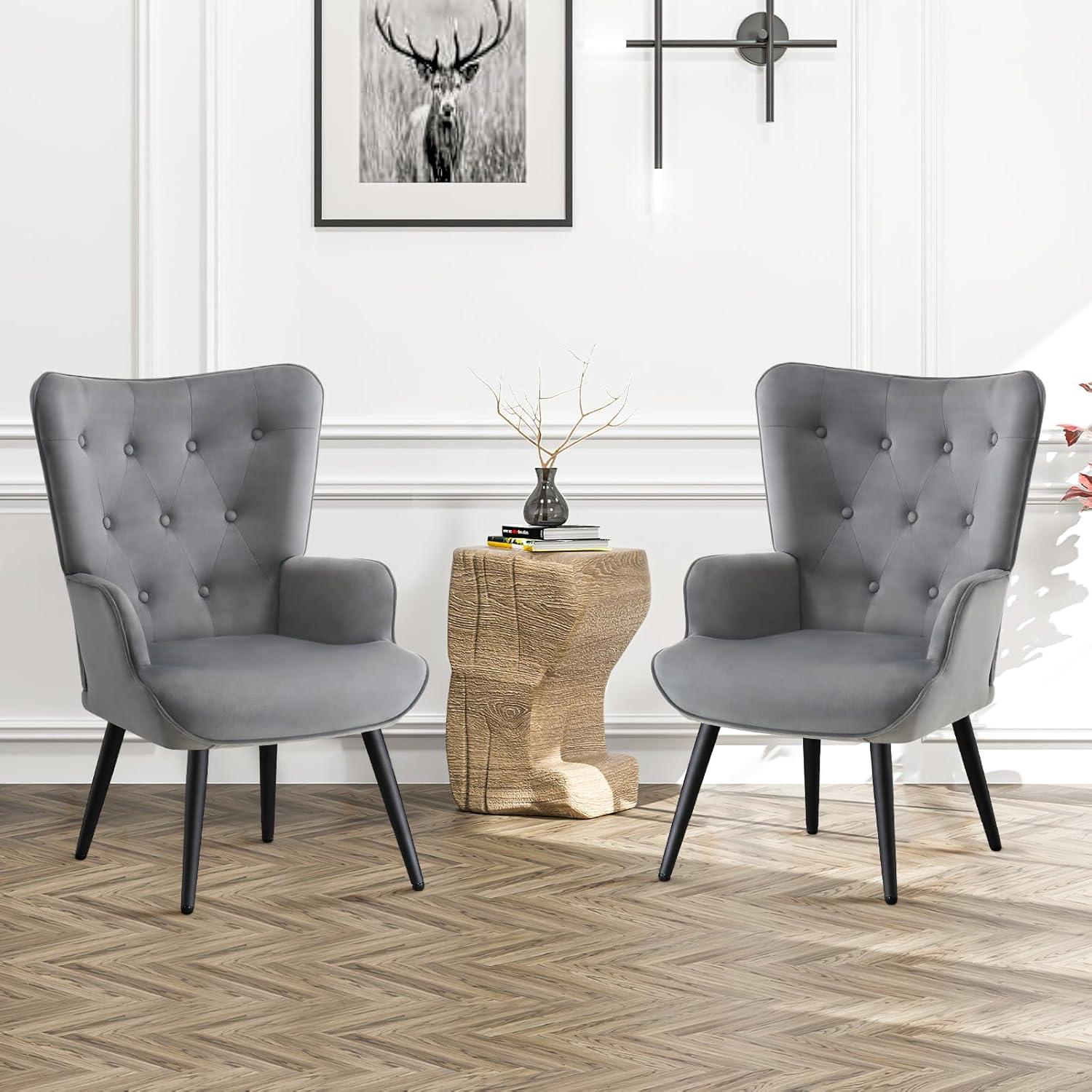 Furniliving Modern Accent Chairs Upholstered Velvet Wingback Chair with High Backrest Arm Chair Set of 2, Grey