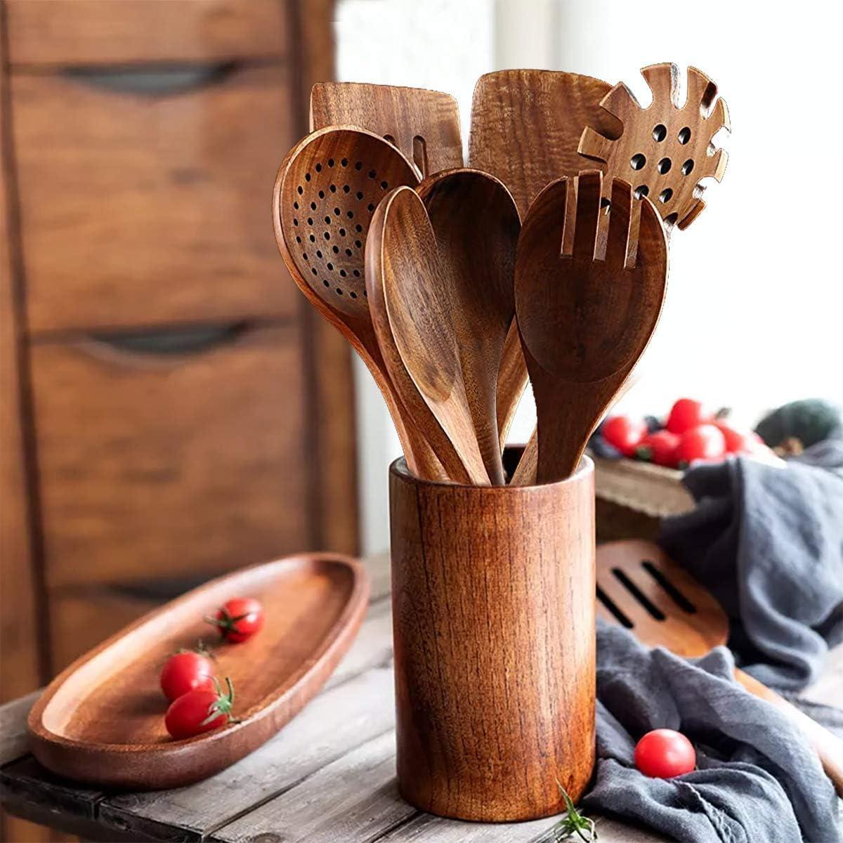 Wooden Spoons for Cooking,10 Pcs Natural Teak Wooden Kitchen Utensils Set Wooden Utensils for Cooking Wooden Cooking Utensils Wooden Spatulas for Cooking