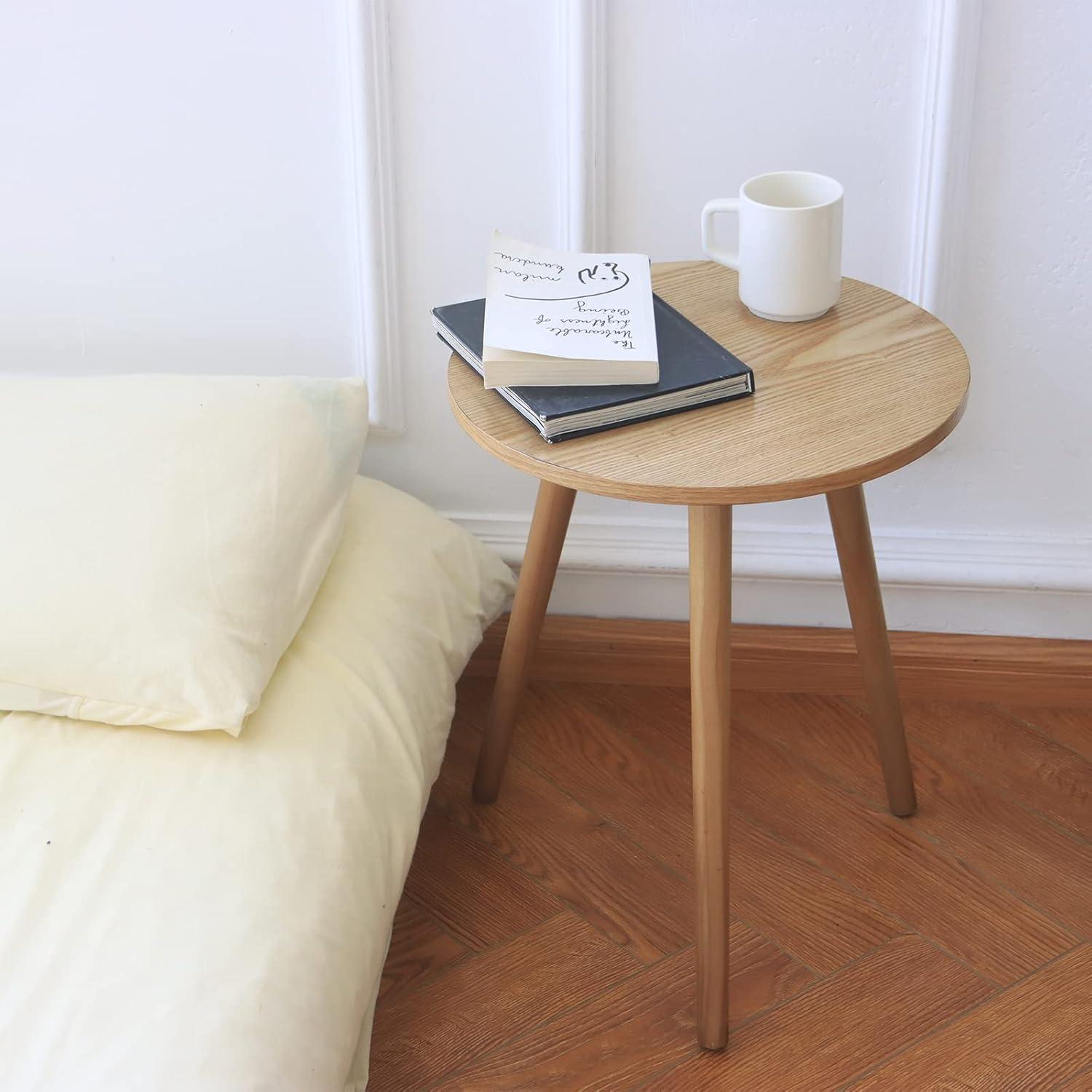 Natural Walnut Round Wood Side Table with Triangular Legs