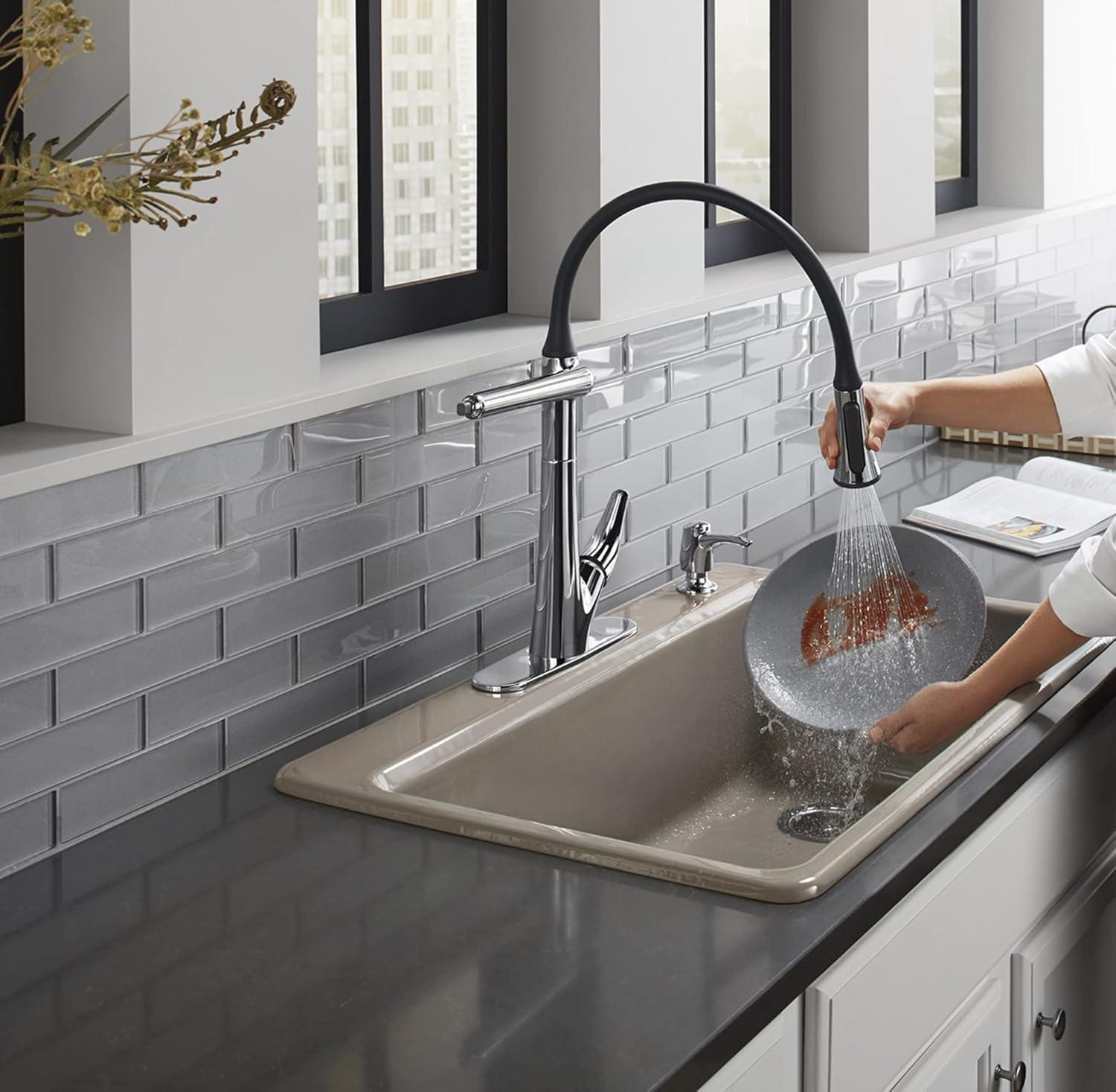 Polished Chrome Articulating Pull-Down Kitchen Faucet with Soap Dispenser