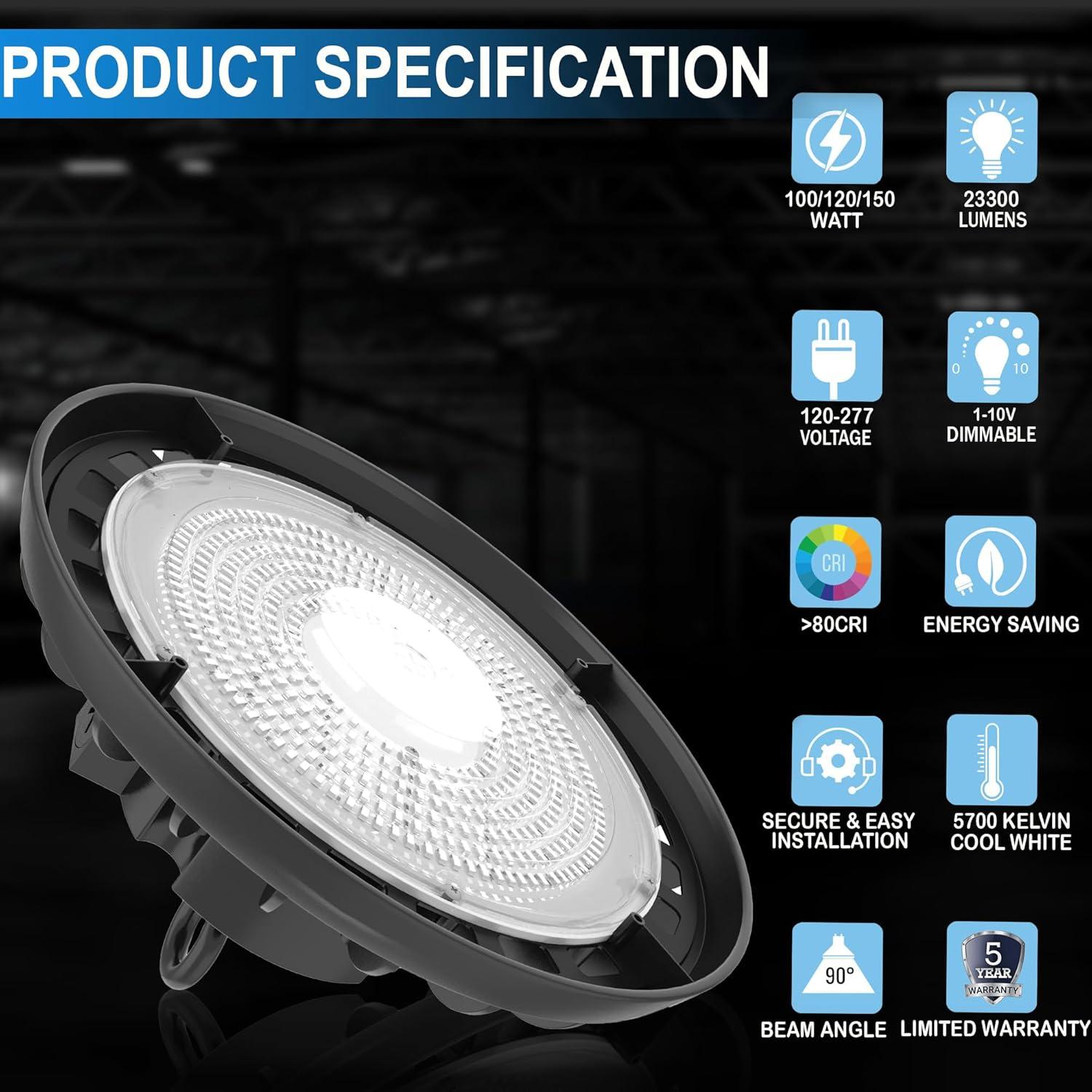 150W Black Aluminum UFO LED High Bay Light with Clear Glass Lens