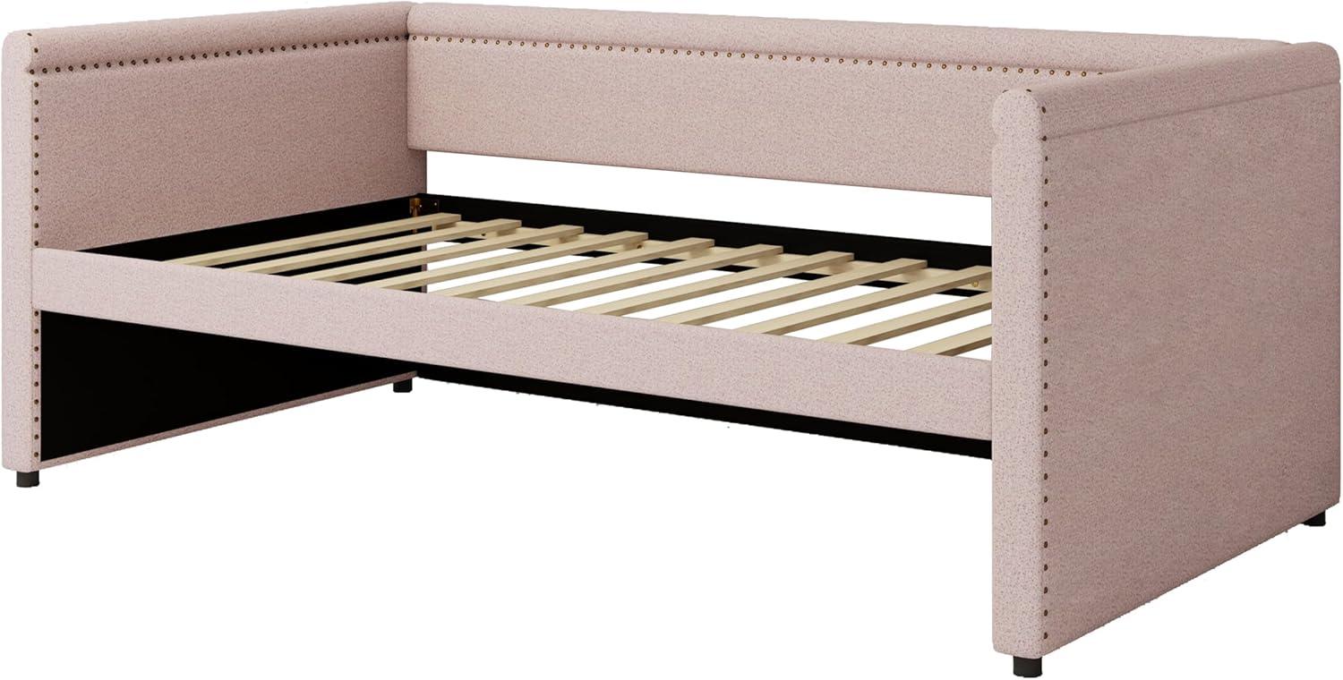 Pink Modern Style Twin Size Linen Upholstered Daybed with Trundle, Curved Arms, Nailhead Trims