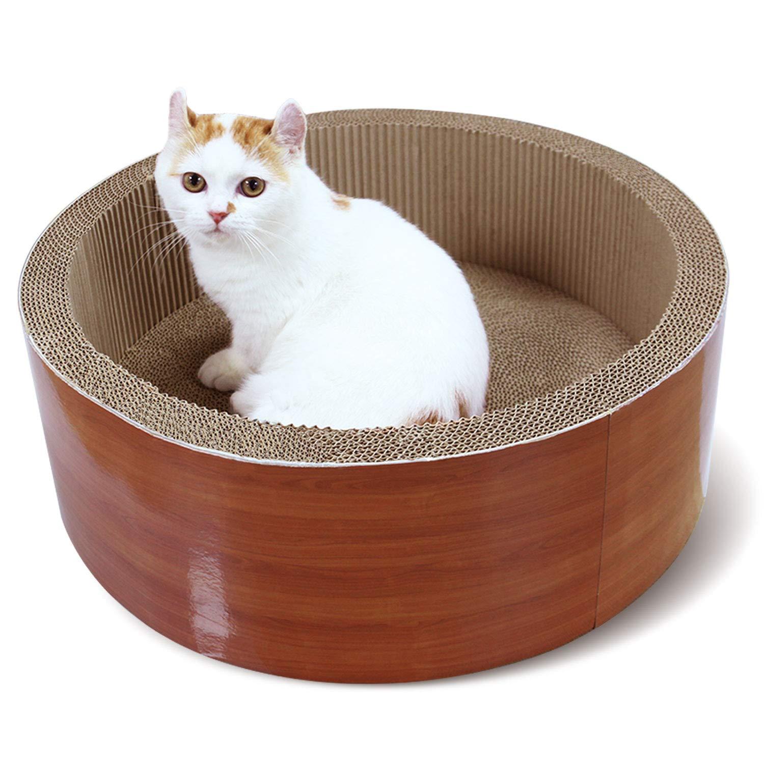 FluffyDream ScratchMe Cat Scratcher Post & Board, Round Cat Scratching Lounge Bed, Durable Pad Prevents Furniture Damage, 17.32'' x 17.32''x 6.11''