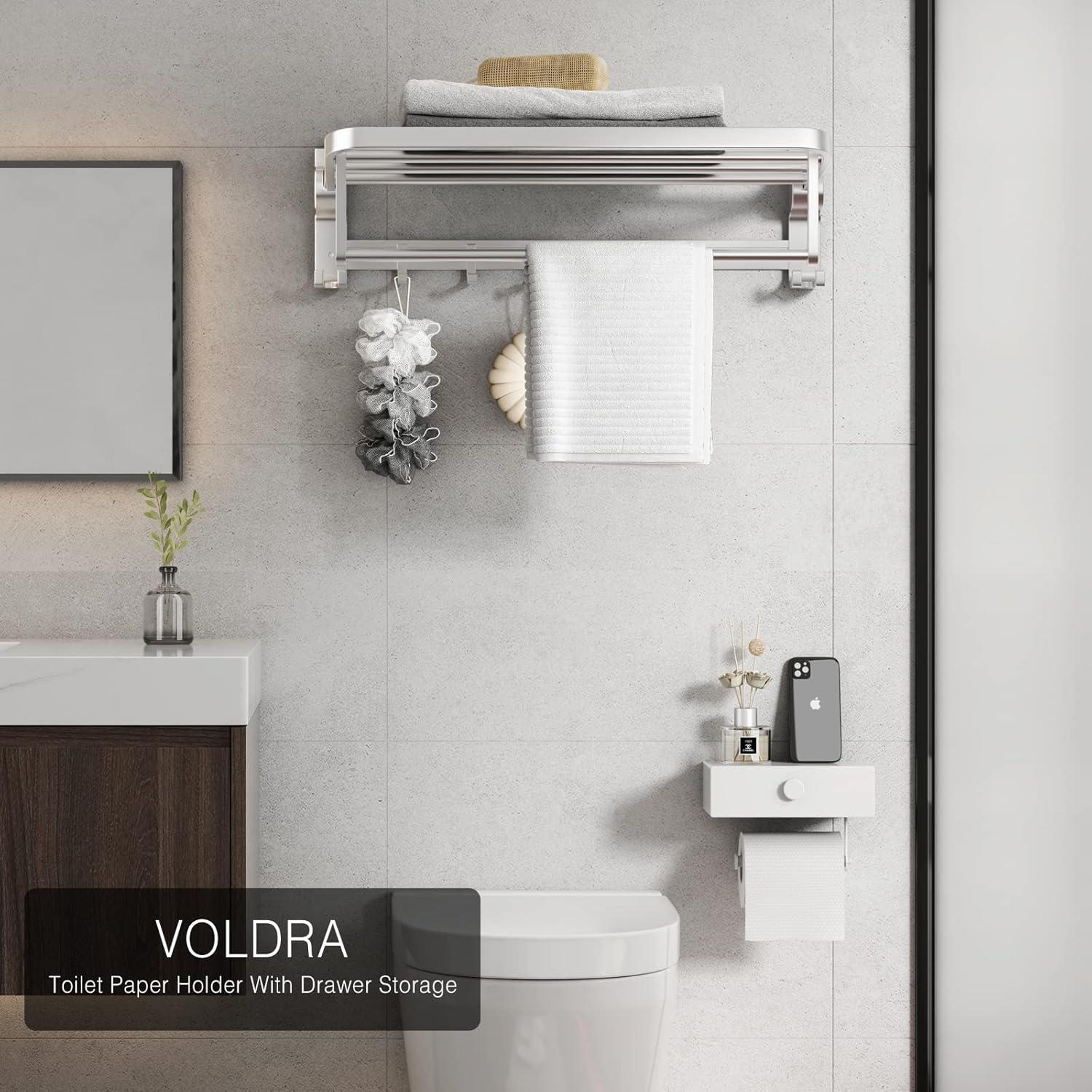 Wall-Mount Adhesive Toilet Paper Holder: Storage Drawer & Shelf - Matte White