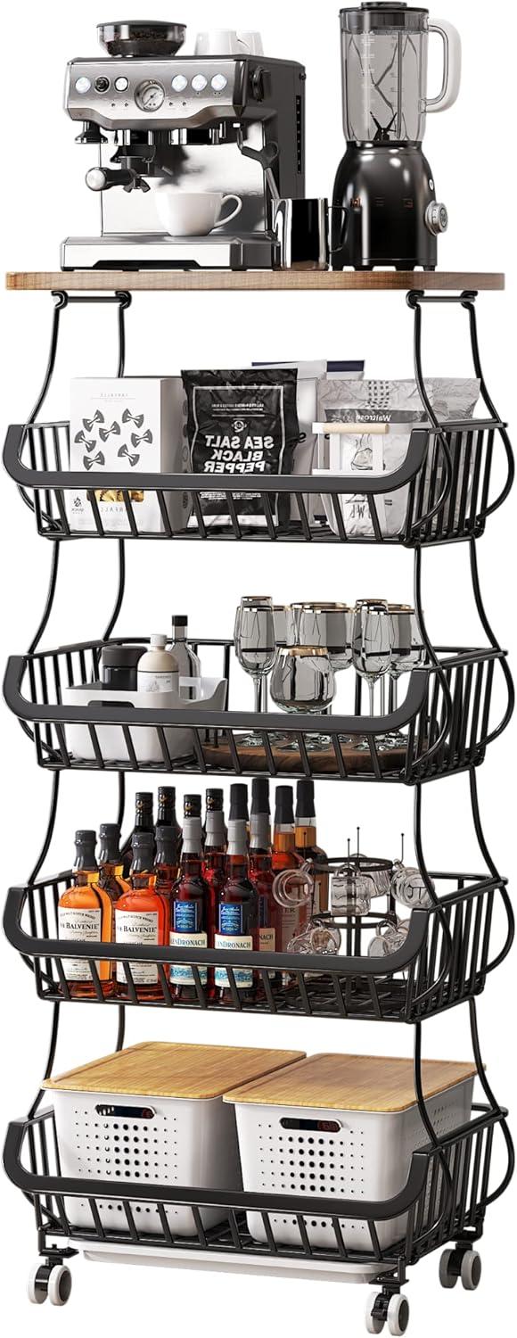 Black 5-Tier Metal and Wood Kitchen Storage Basket