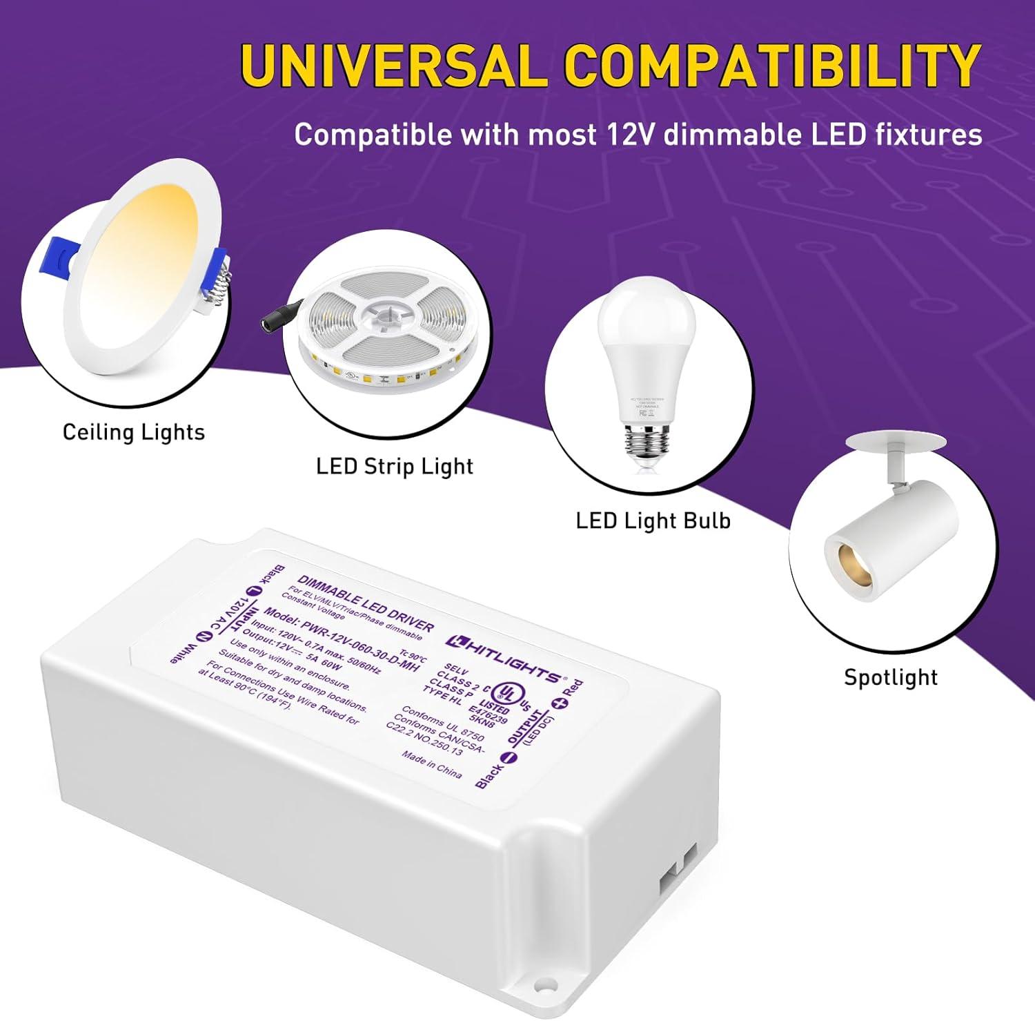 HitLights 60W Dimmable LED Driver, Electronic Transformer, 120V AC to 12V DC Power Supply for LED Strip Light, Low Voltage Lighting Project, Compatible with Lutron Leviton Dimmers, UL Listed, Class 2