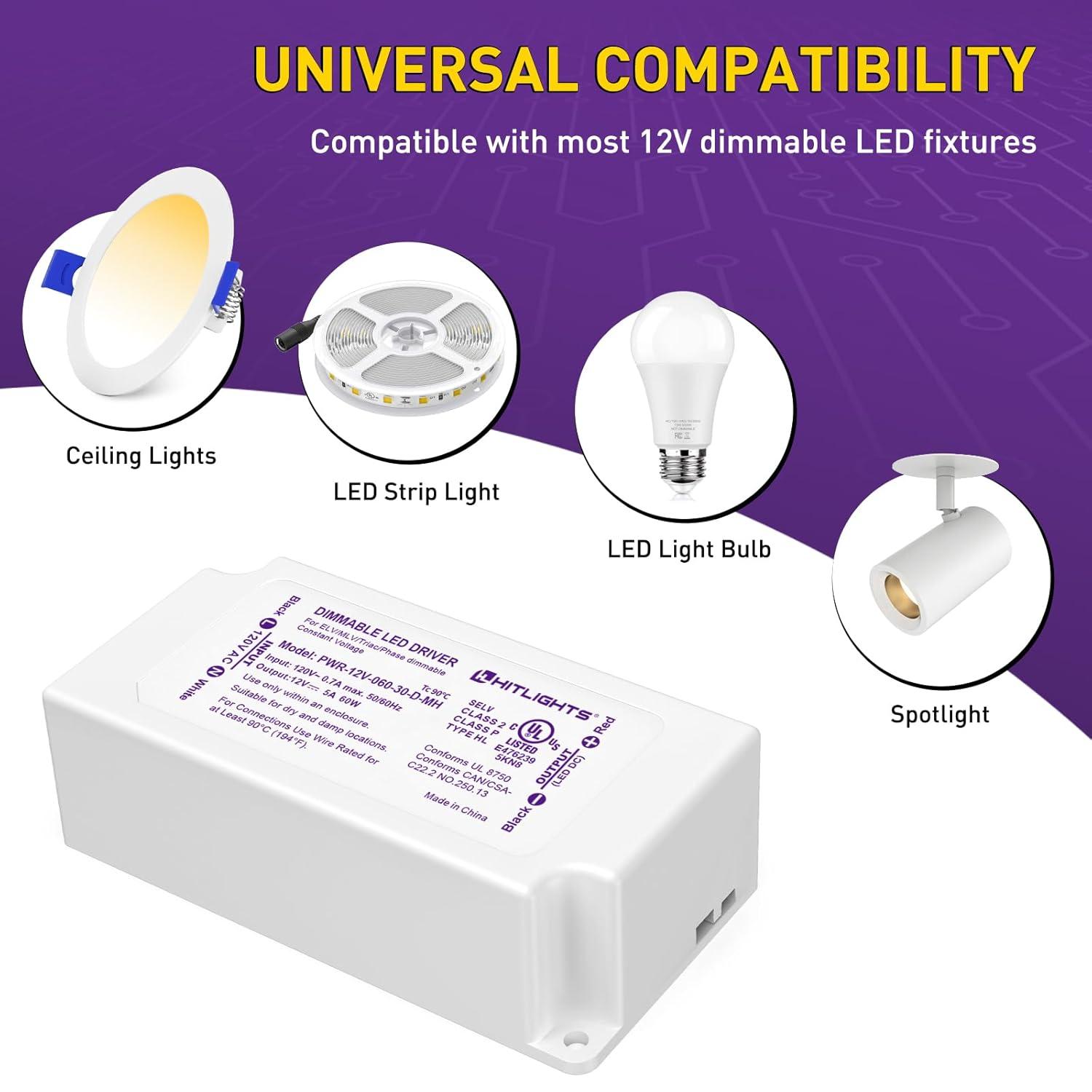 HitLights 60W Dimmable LED Driver, Electronic Transformer, 120V AC to 12V DC Power Supply for LED Strip Light, Low Voltage Lighting Project, Compatible with Lutron Leviton Dimmers, UL Listed, Class 2