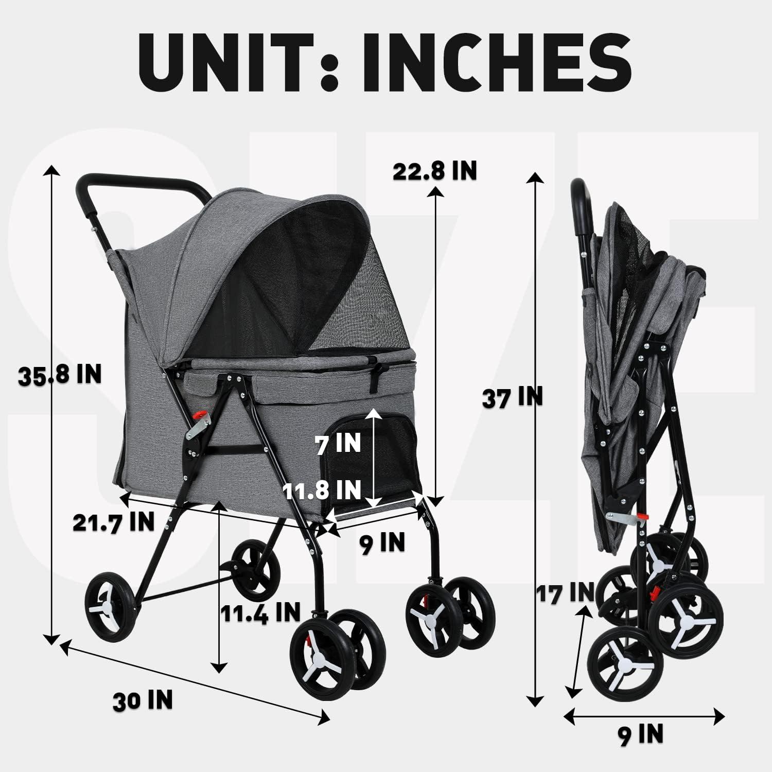 Grey Foldable Pet Stroller with Mesh Windows