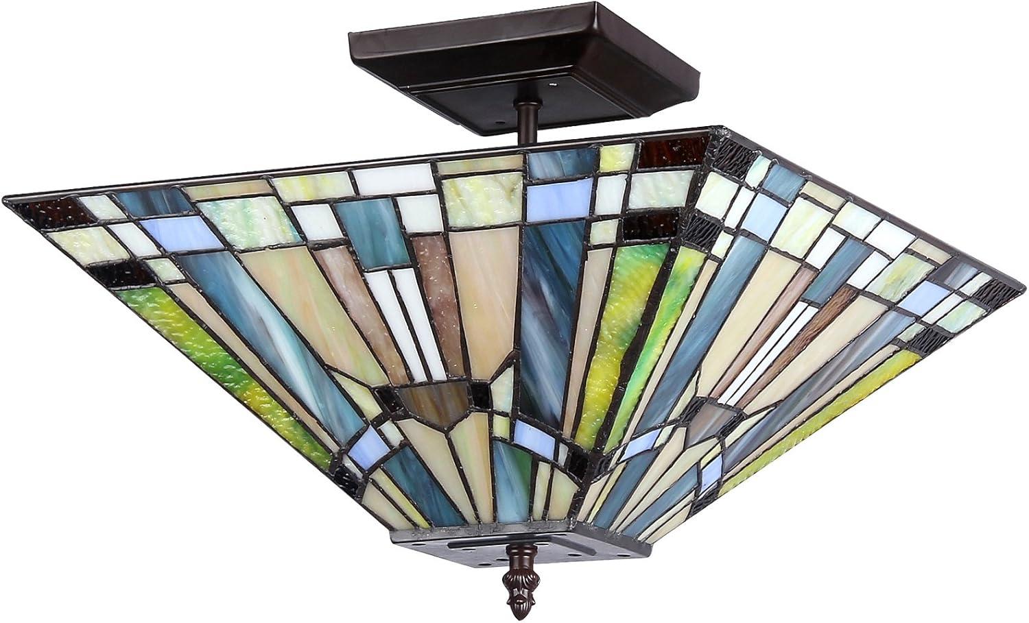 Kinsey 14" Bronze and Glass Mission Semi-Flush Ceiling Light