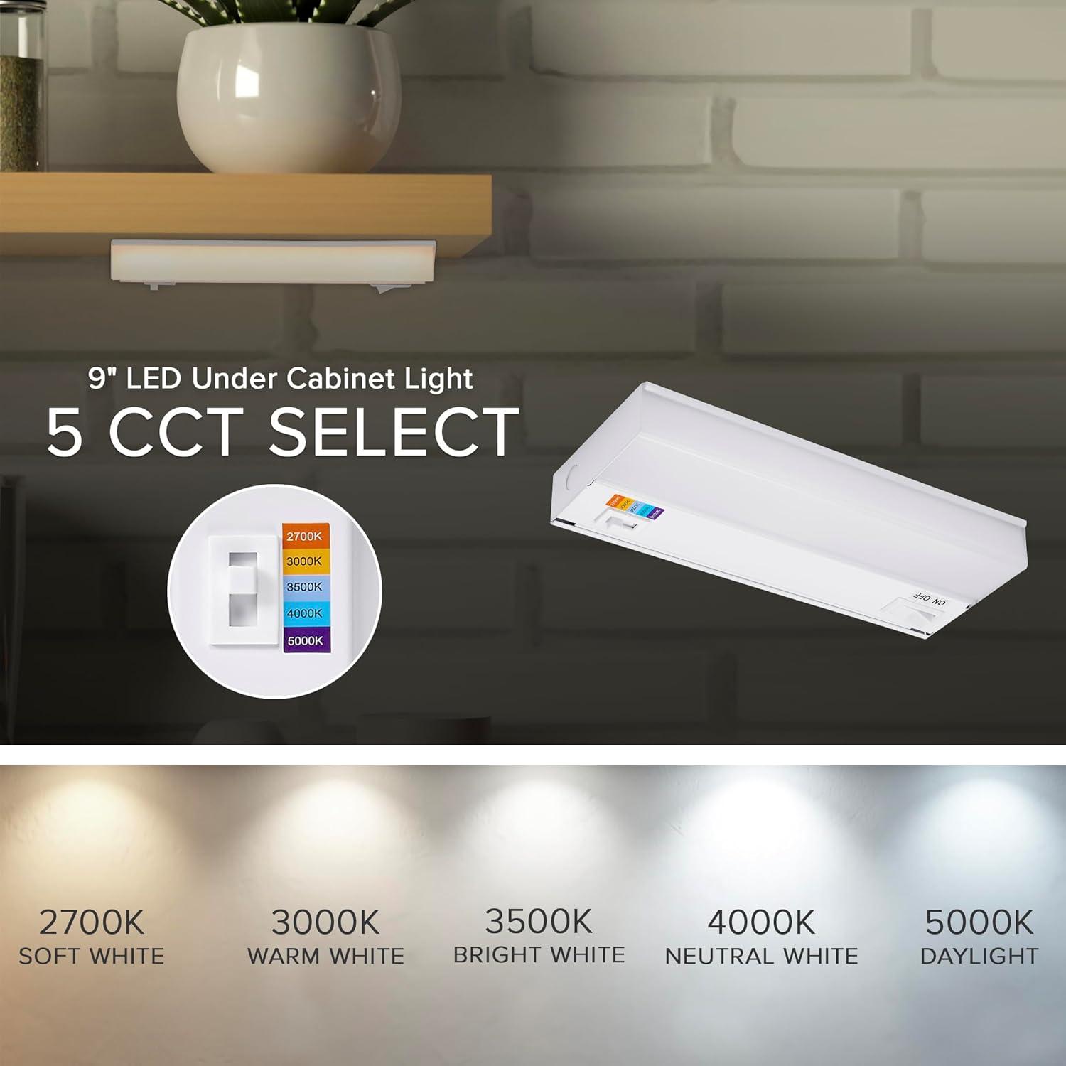 Maxxima 9 in. LED Under Cabinet Light, Hardwired, 270 Lumens, 5 CCT 2700K - 5000K, White, On/Off Switch