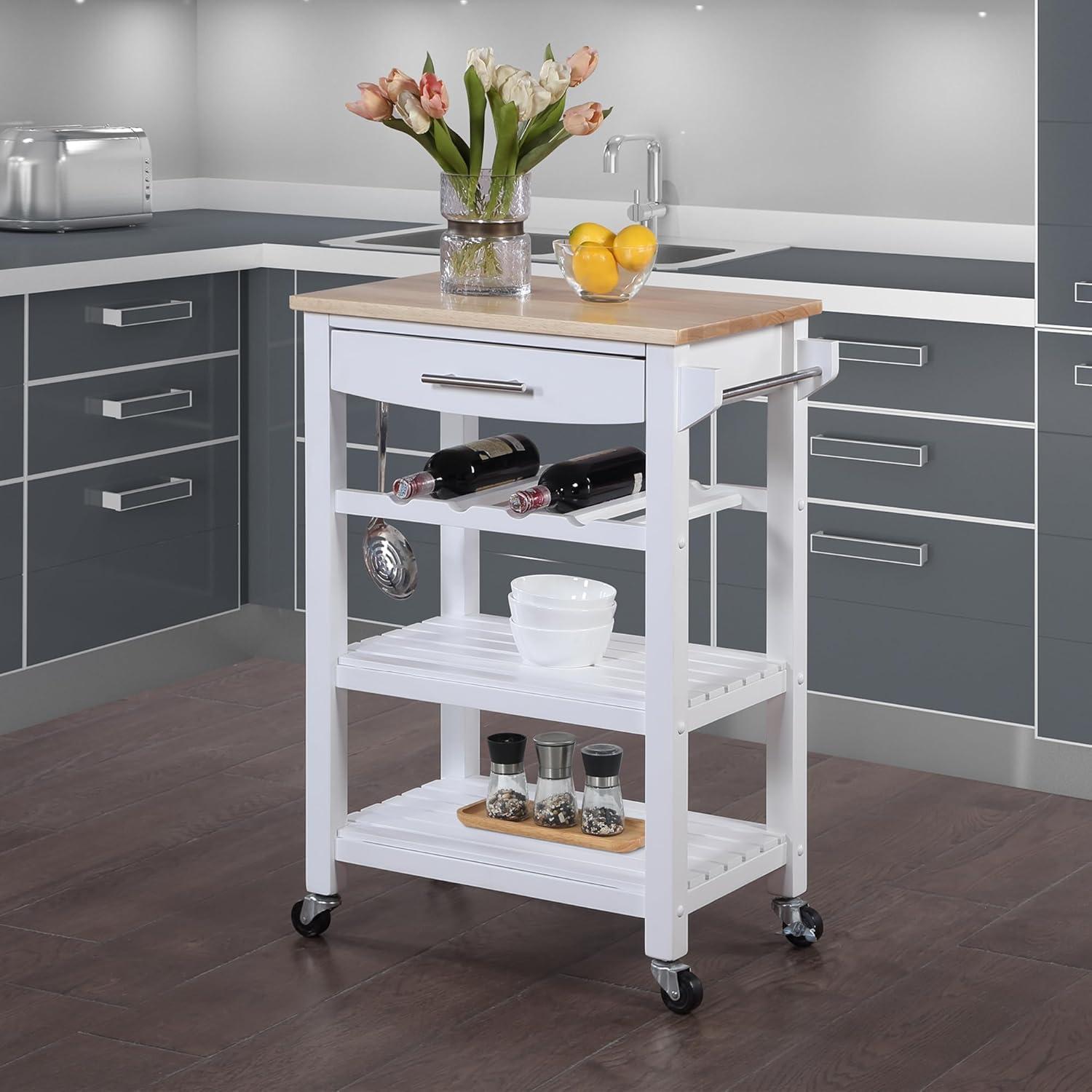 Convenience Concepts Ellaine 4 Tier Butcher Block Kitchen Cart with Drawer and Wine Rack, White/Butcher Block