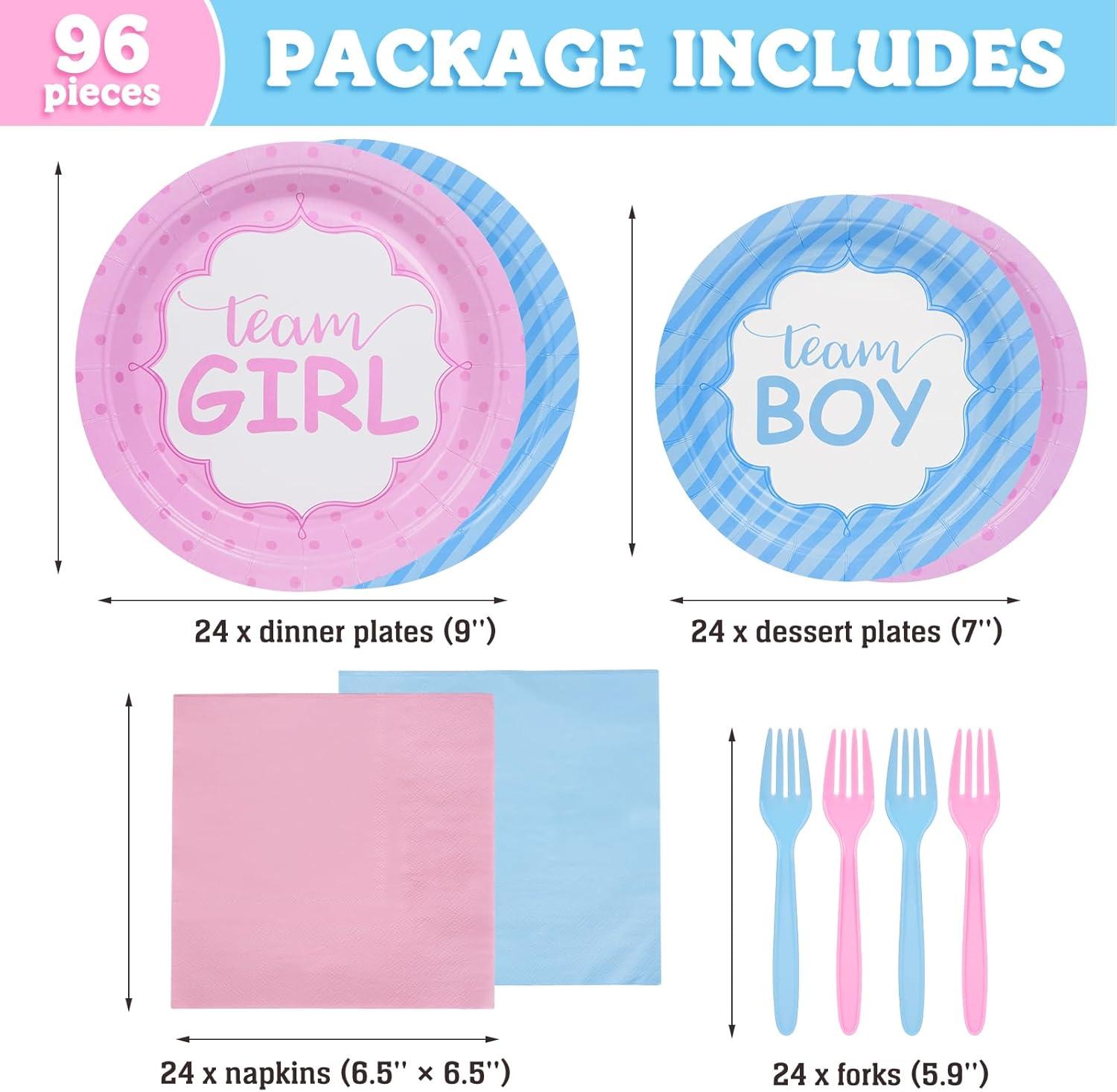 DECORLIFE Gender Reveal AJH3 Plates Serves 24, Boy or Girl Gender Reveal Party Supplies Includes Napkins and Forks for Baby Shower Reveal Party Decorations, Total 96PCS