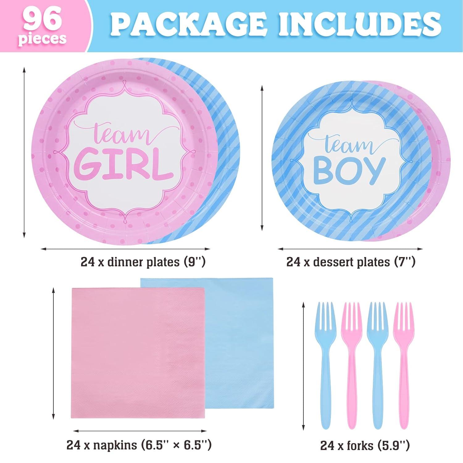 DECORLIFE Gender Reveal AJH3 Plates Serves 24, Boy or Girl Gender Reveal Party Supplies Includes Napkins and Forks for Baby Shower Reveal Party Decorations, Total 96PCS
