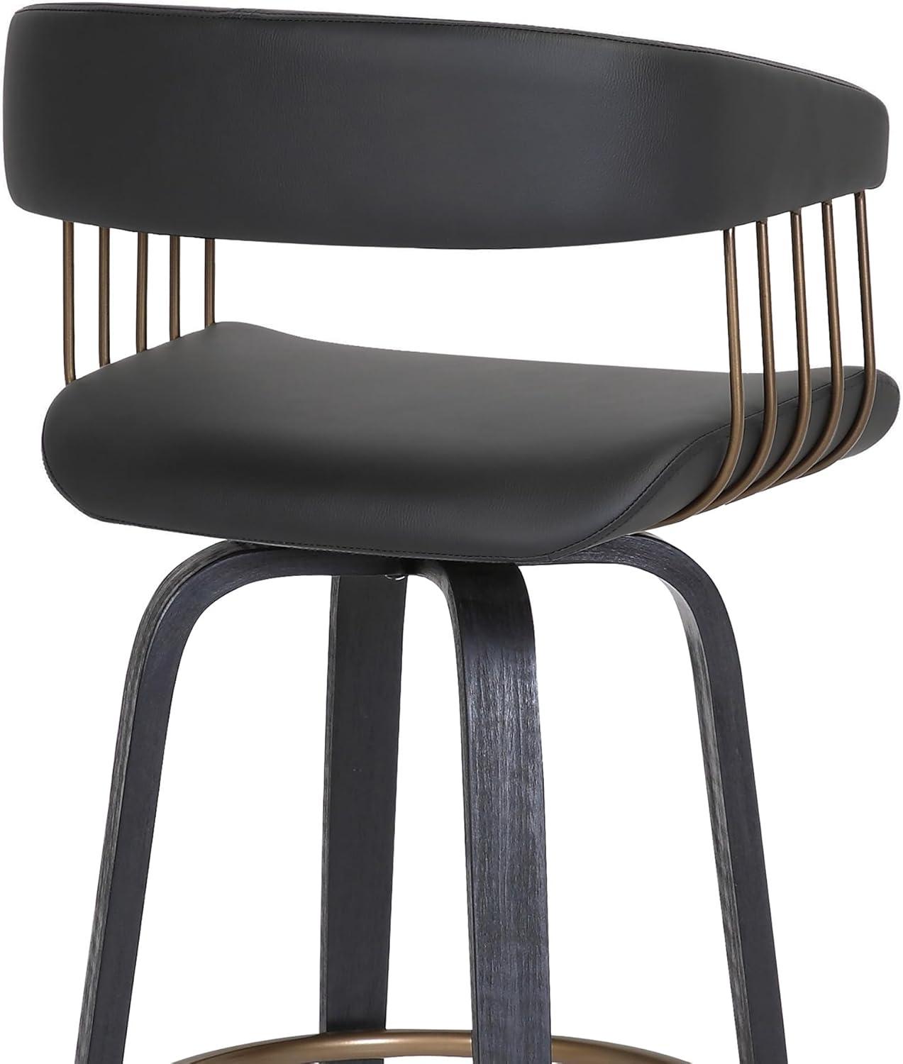 Topanga 26" Swivel Black Wood Counter Stool in Black Faux Leather with Golden Bronze Metal