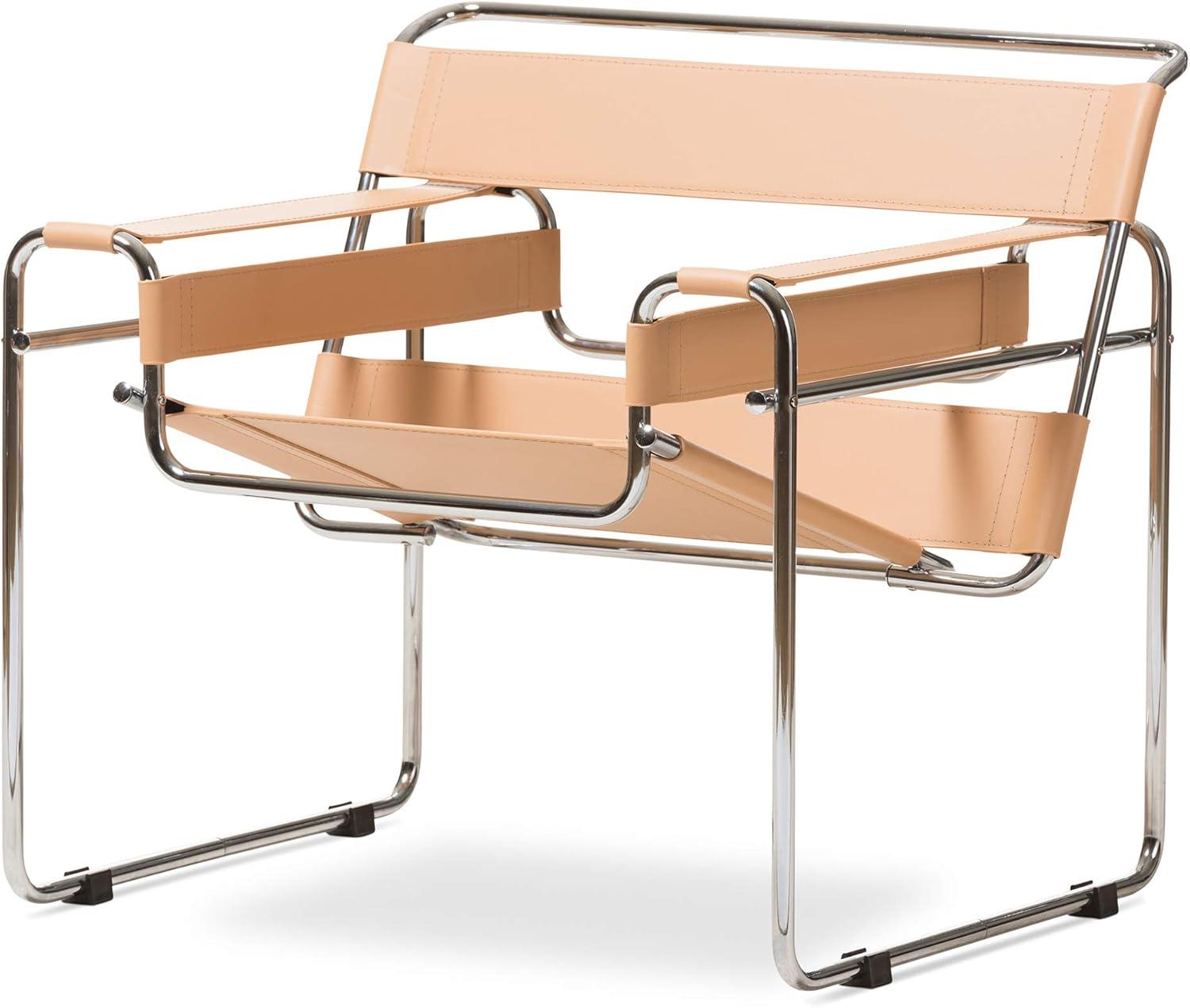 Baxton Studio Jericho Leather Mid Century Modern Accent Chair Tan: Chrome Finish, No-Mar Feet, Fully Assembled