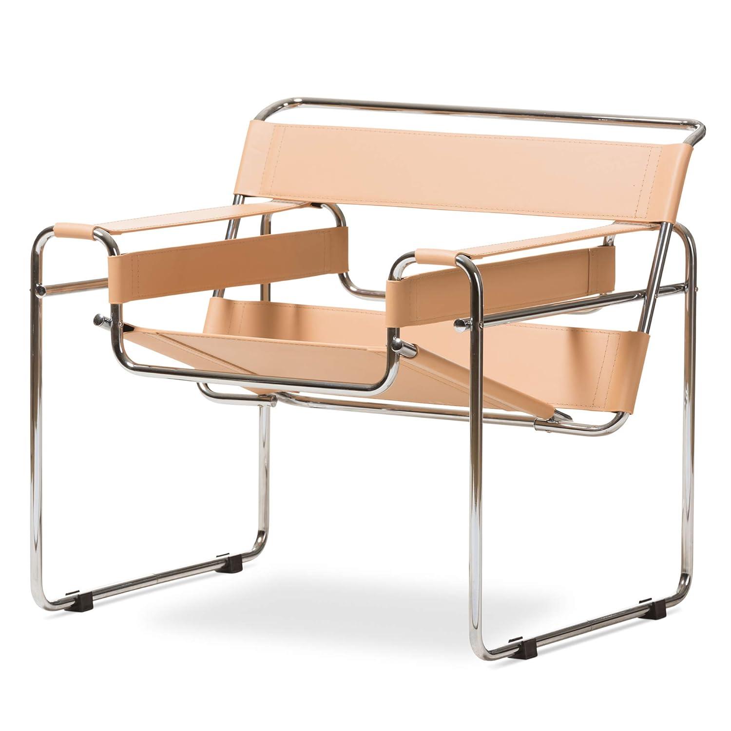 Baxton Studio Jericho Leather Mid Century Modern Accent Chair Tan: Chrome Finish, No-Mar Feet, Fully Assembled