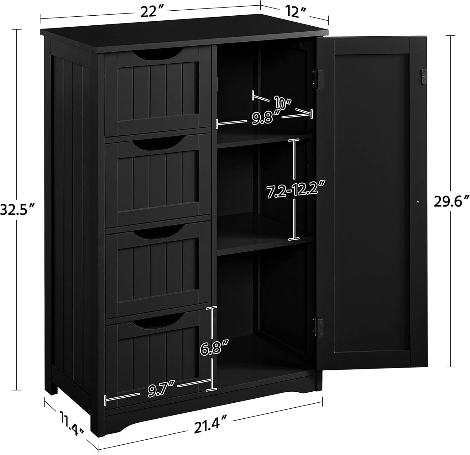 CodYinFI Wooden Bathroom Floor Cabinet, Free Standing Side Cabinet w/4 Drawers & 3 Tier Cupboard Storage Organizer Unit Hallway/Entryway Cabinet, Black