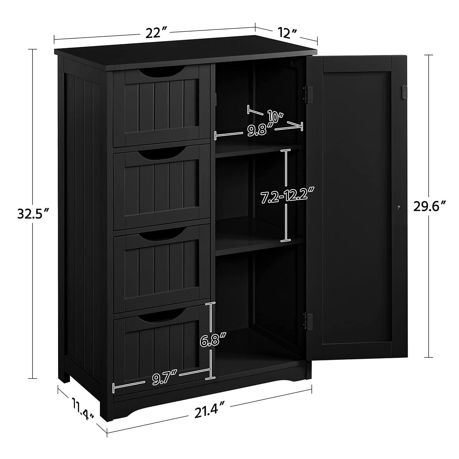 CodYinFI Wooden Bathroom Floor Cabinet, Free Standing Side Cabinet w/4 Drawers & 3 Tier Cupboard Storage Organizer Unit Hallway/Entryway Cabinet, Black
