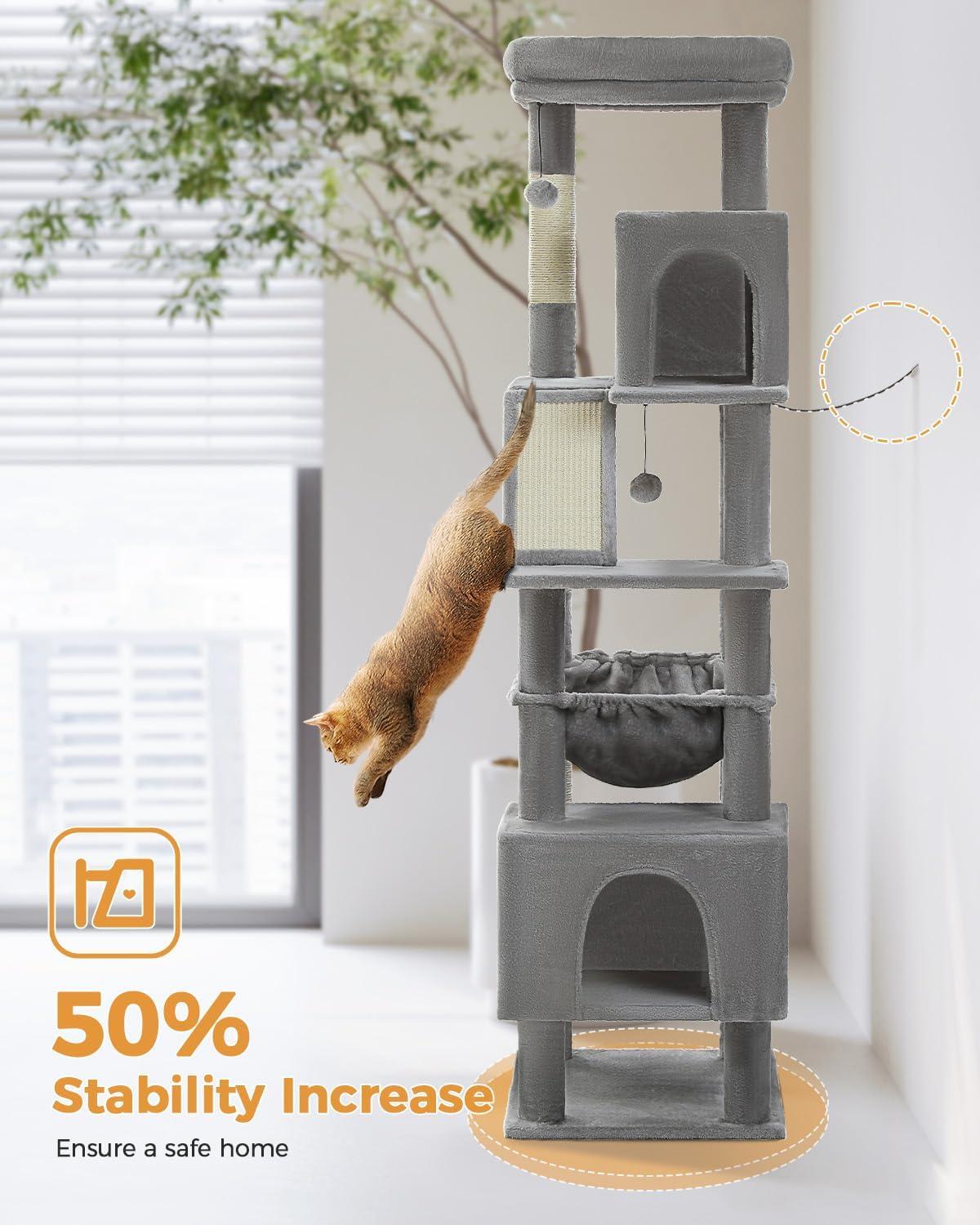 71" Indoor Tall Large Cat Tree Multi-Level Cat House With 2 Big Condo Pad Bed, Cozy Hammock And Scratching Posts