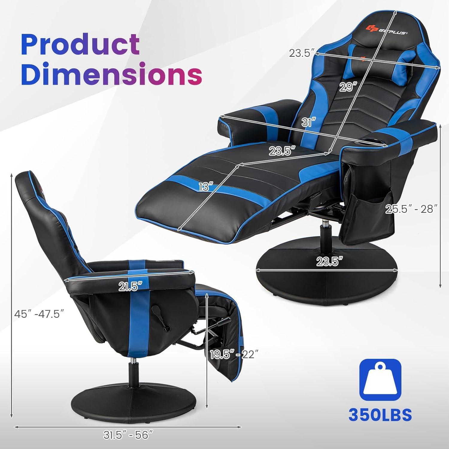 POWERSTONE Gaming Recliner Massage Gaming Chair with Footrest Ergonomic PU Leather Single Sofa with Cup Holder Headrest and Side Pouch, Adjustable Living Room Chair Seating, Black