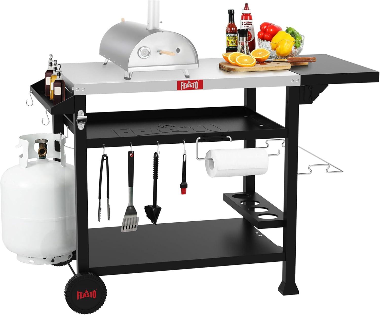 Feasto 50 in. Three-Shelf Stainless Outdoor Movable Food Prep Grill Cart Table with Fordable Side Table