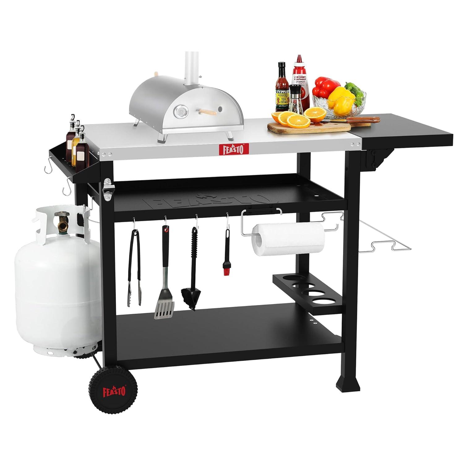 Feasto 3-Tier Stainless Steel Grill Cart - 40" Outdoor Pizza Oven Stand with Wheels, Mobile Kitchen Island for BBQ & Food Prep