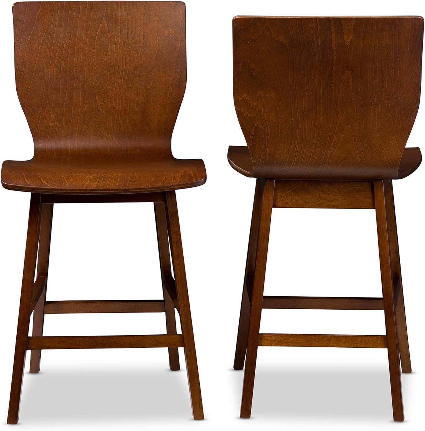 Set of 2 Elsa Mid - Century Modern Scandinavian Style Bent Wood Counter Height Barstool - "Walnut" Dark Brown - Baxton Studio