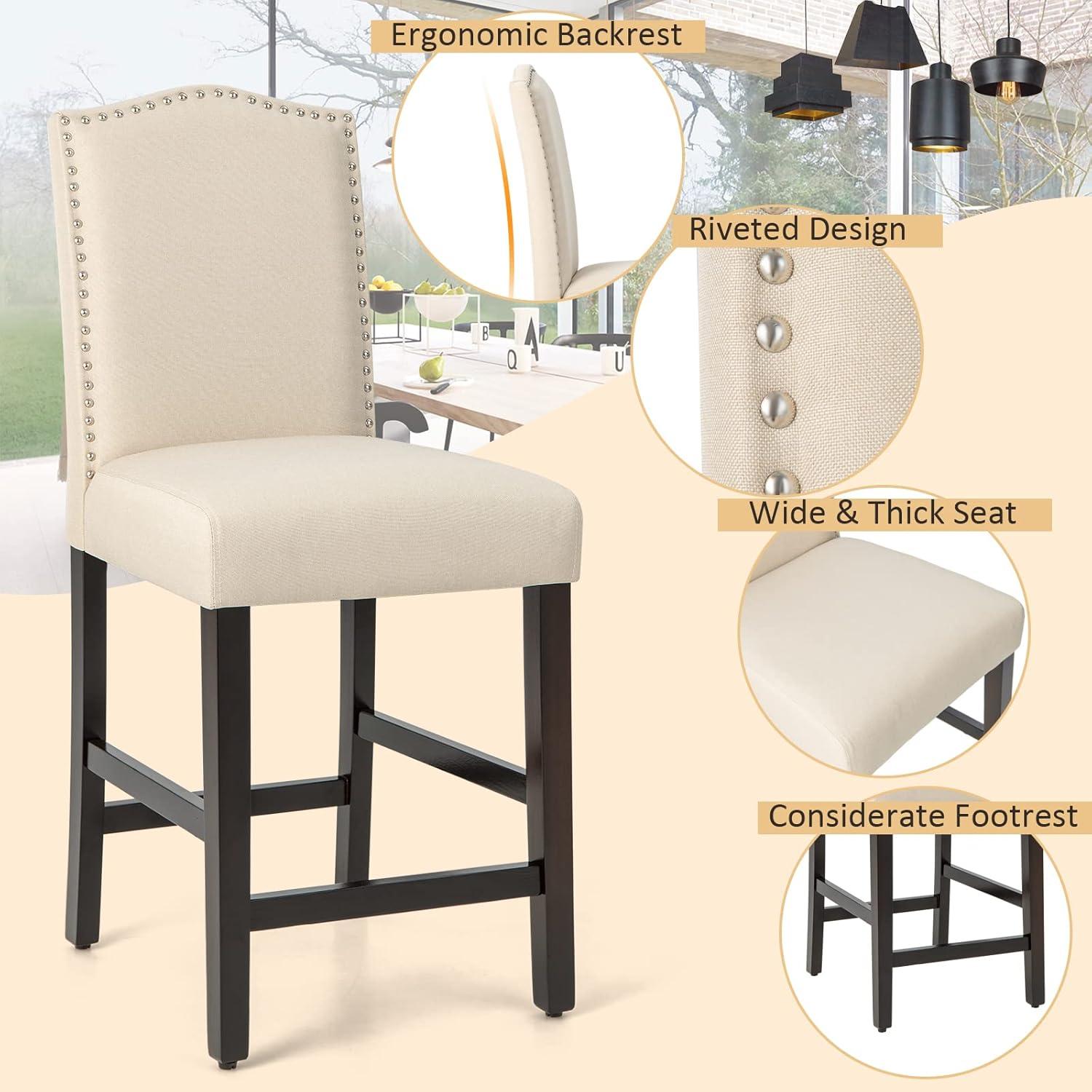 Costway Set of 2 Fabric Barstools Nail Head Trim Counter Height Dining Side Chairs Grey/Beige