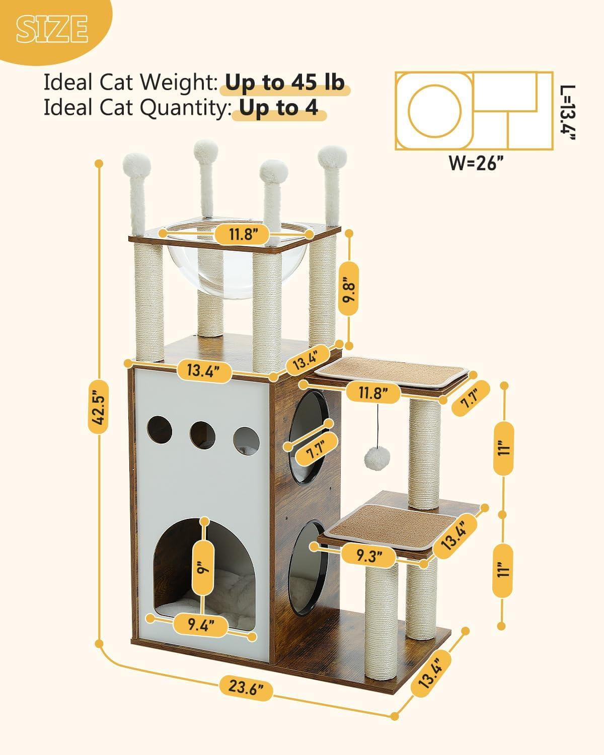 Ivy Bronx Modern Cat Tree Cat Tower With 2-Floor Condo, Scratching Posts, Capsule Nest & Dangling Balls