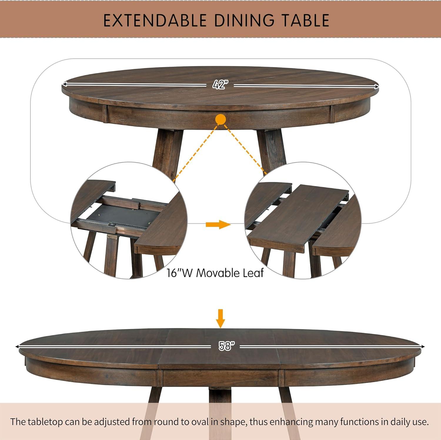 Besthome 5-Piece Retro Functional Dining Set, Round Table with a 16"W Leaf and 4 Upholstered Chairs for Dining Room and Living Room (Walnut)