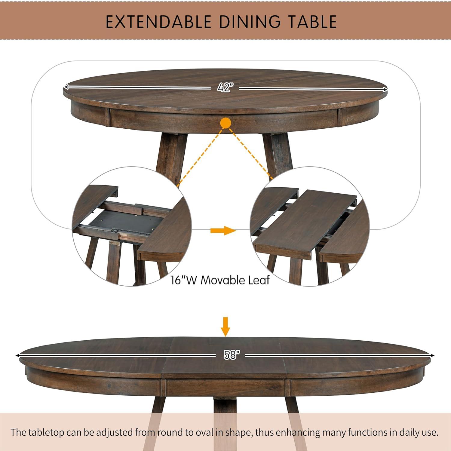 5 Piece Round Dining Table Set, TUANLUO Dining Room Set with Extendable Table and 4 Cushioned Chairs, Wood Dining Table Set for 4, Farmhouse Dining Table Set for Kitchen Dining Room, Walnut