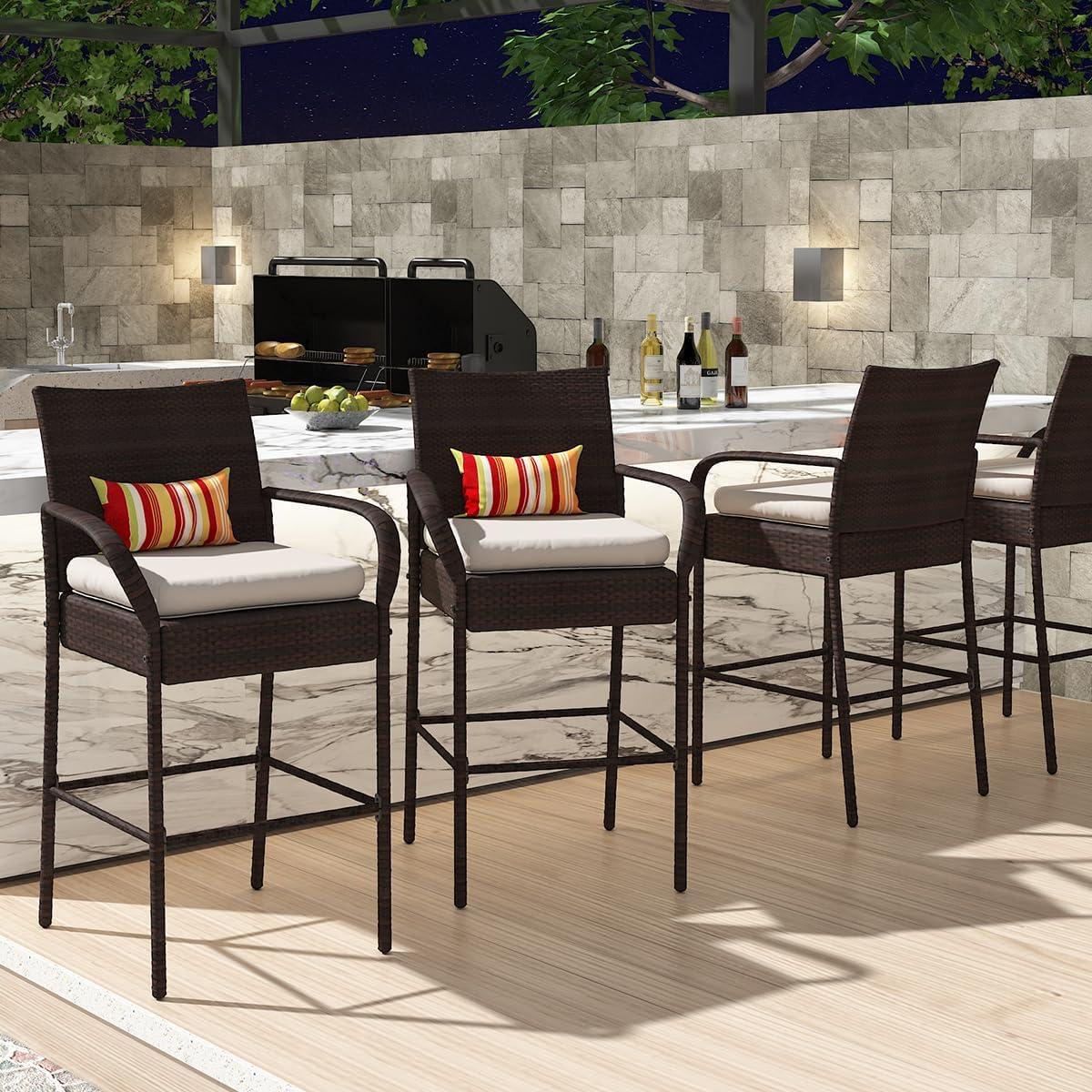 Bar Stools 30'' Bar Height Outdoor Modern Seat with Beige Cushions, Set of 2 Chairs, Brown Wicker