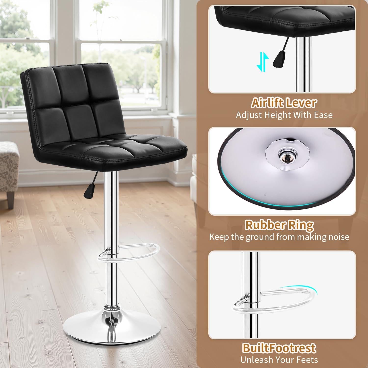 FDW Bar Stool Height Adjustable Swivel Stool with Back PU Leather Kitchen Counter Stools Set of 2 Dining Chairs, Black