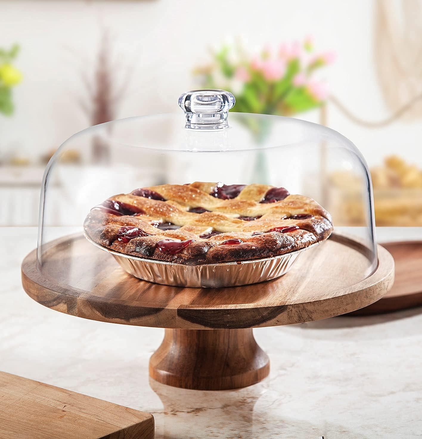 Acacia Wood Pedestal Cake Stand with Clear Dome