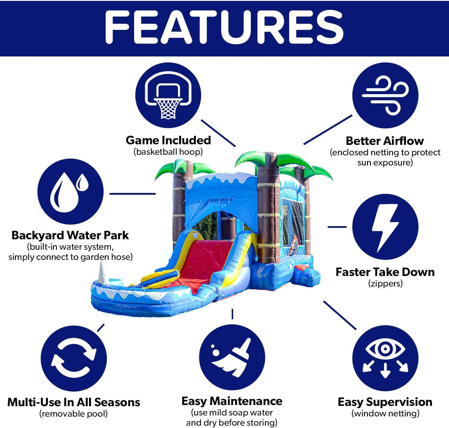 HeroKiddo Ocean Shark Commercial Grade Bounce House Water Slide with Splash Pool for Kids and Adults (with Blower), Basketball Hoop, Outdoor Indoor, Wet Dry Combo, Big Inflatable, Rental Quality