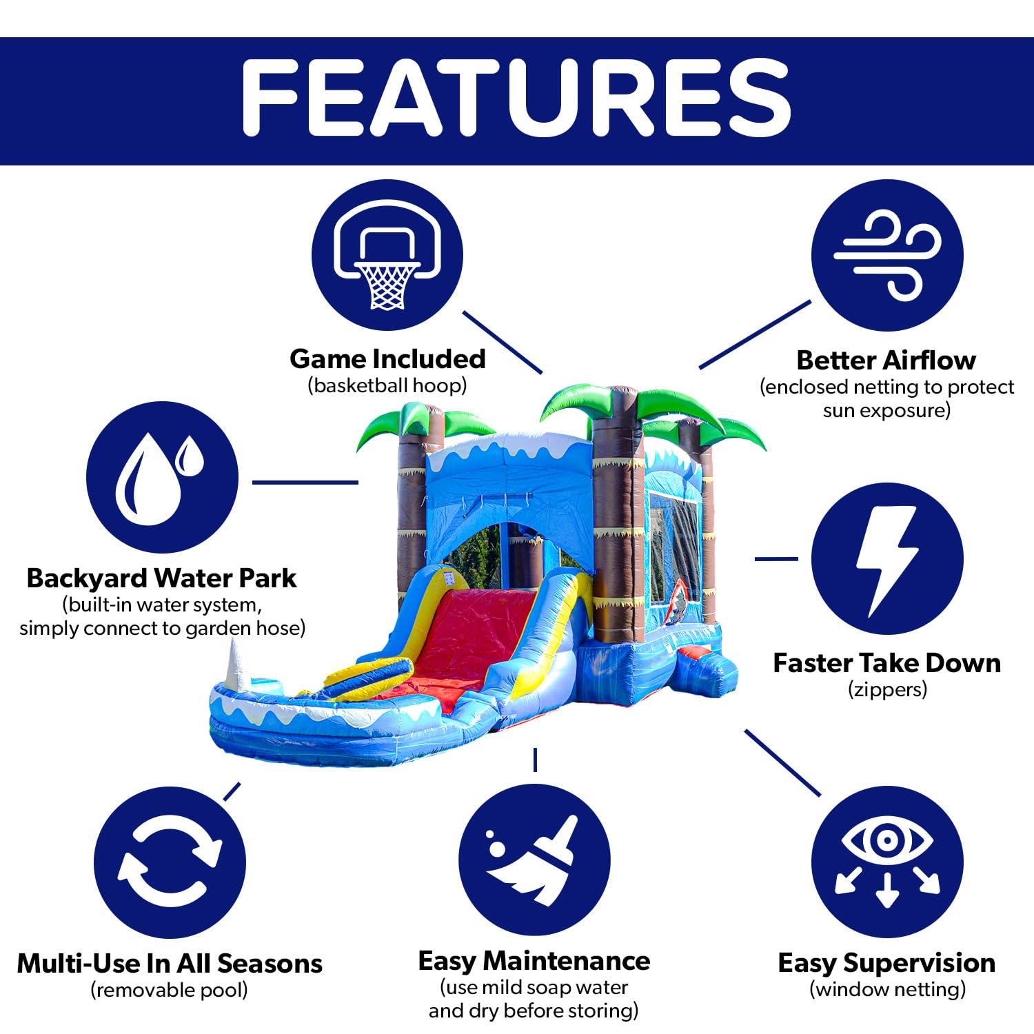 HeroKiddo Ocean Shark Commercial Grade Bounce House Water Slide with Splash Pool for Kids and Adults (with Blower), Basketball Hoop, Outdoor Indoor, Wet Dry Combo, Big Inflatable, Rental Quality