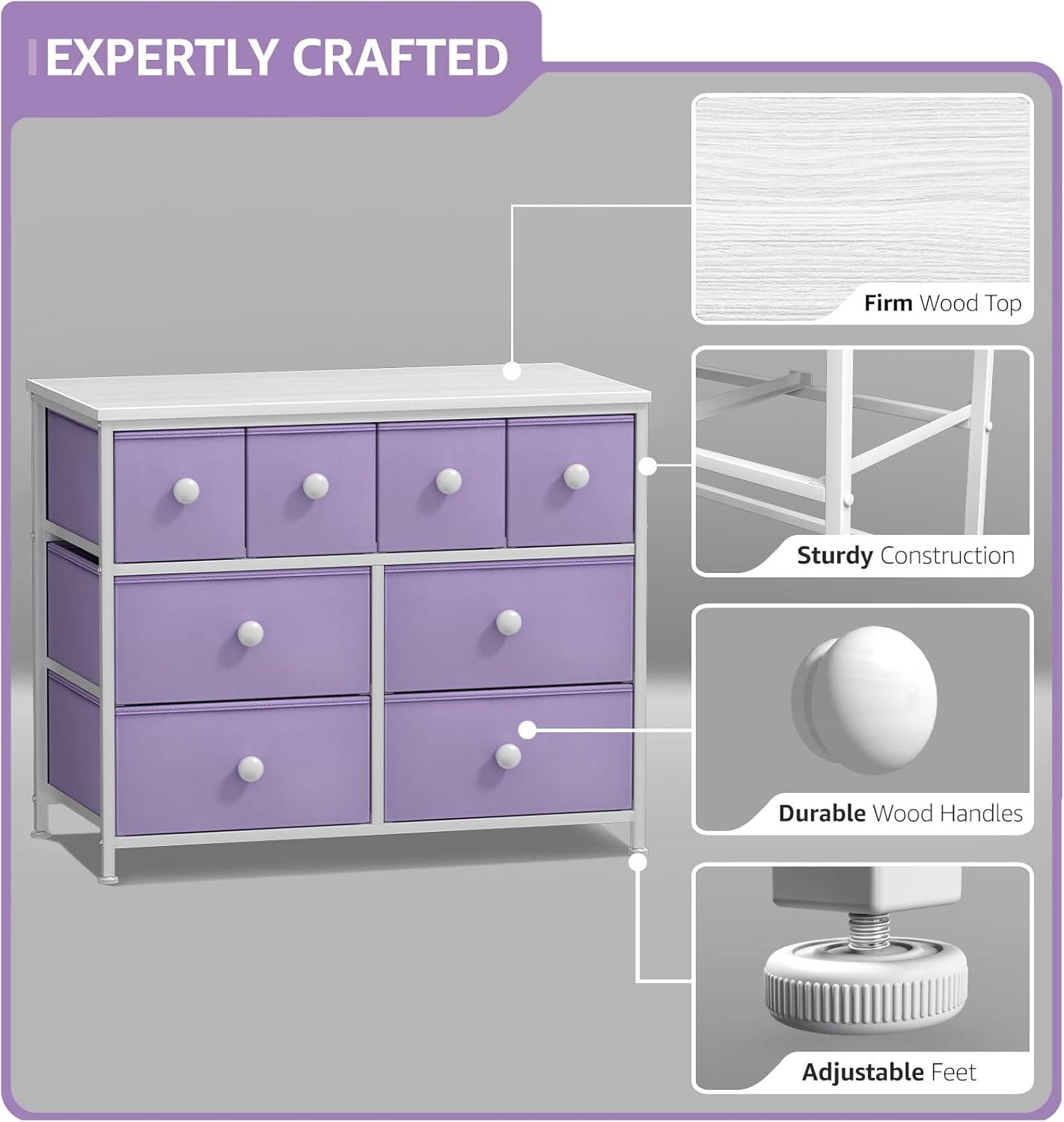 Drawer Purple Dresser Steel Frame Wood Top Easy Pull Fabric Bins 11.81 in. L x 39.37 in. W x 30.7 in. H 8