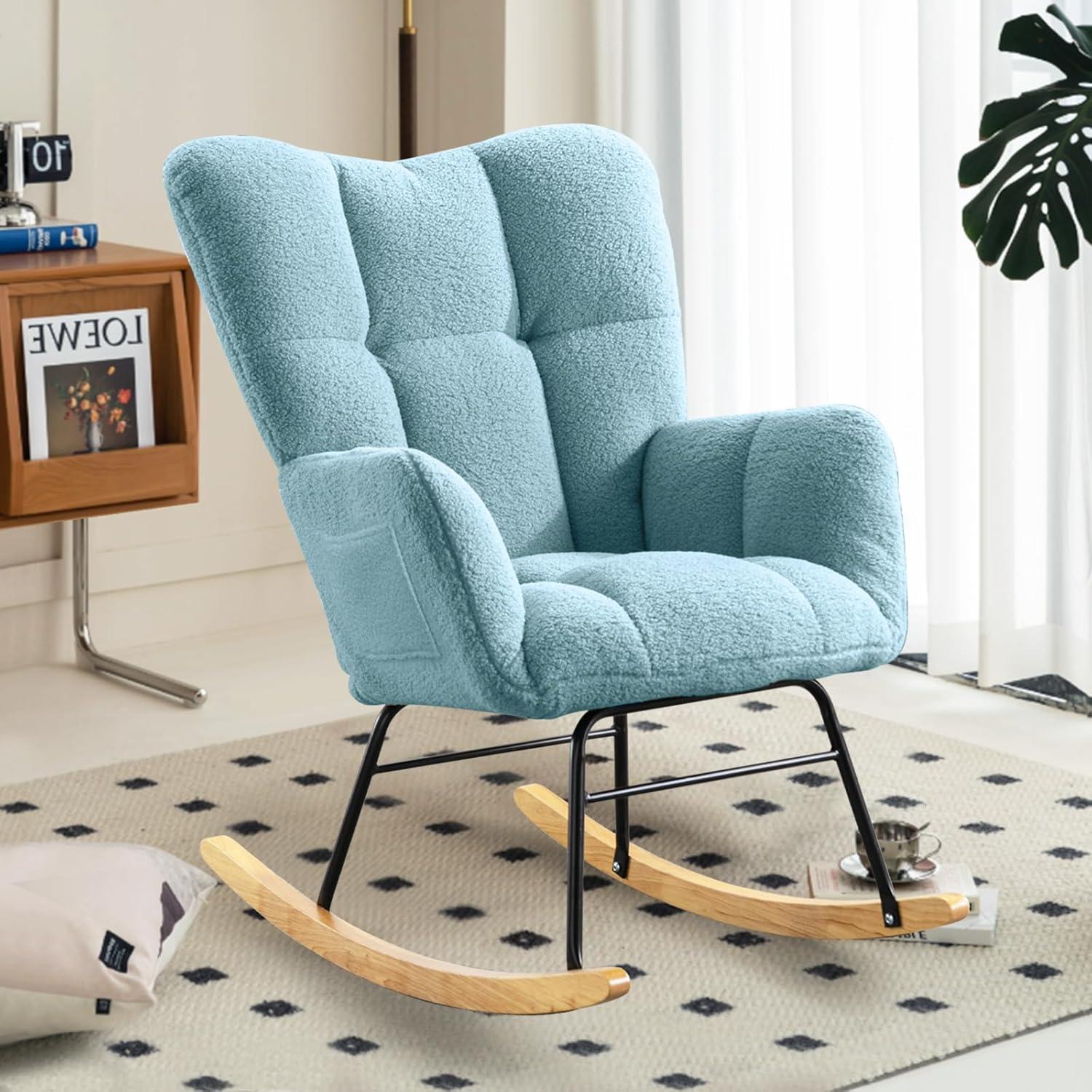 Nursery Rocking Chair Teddy, Upholstered Glider Rocker with High Backrest, Comfortable Stylish Accent Armchair with Padded Seat for Living Rooms, Bedrooms, Offices