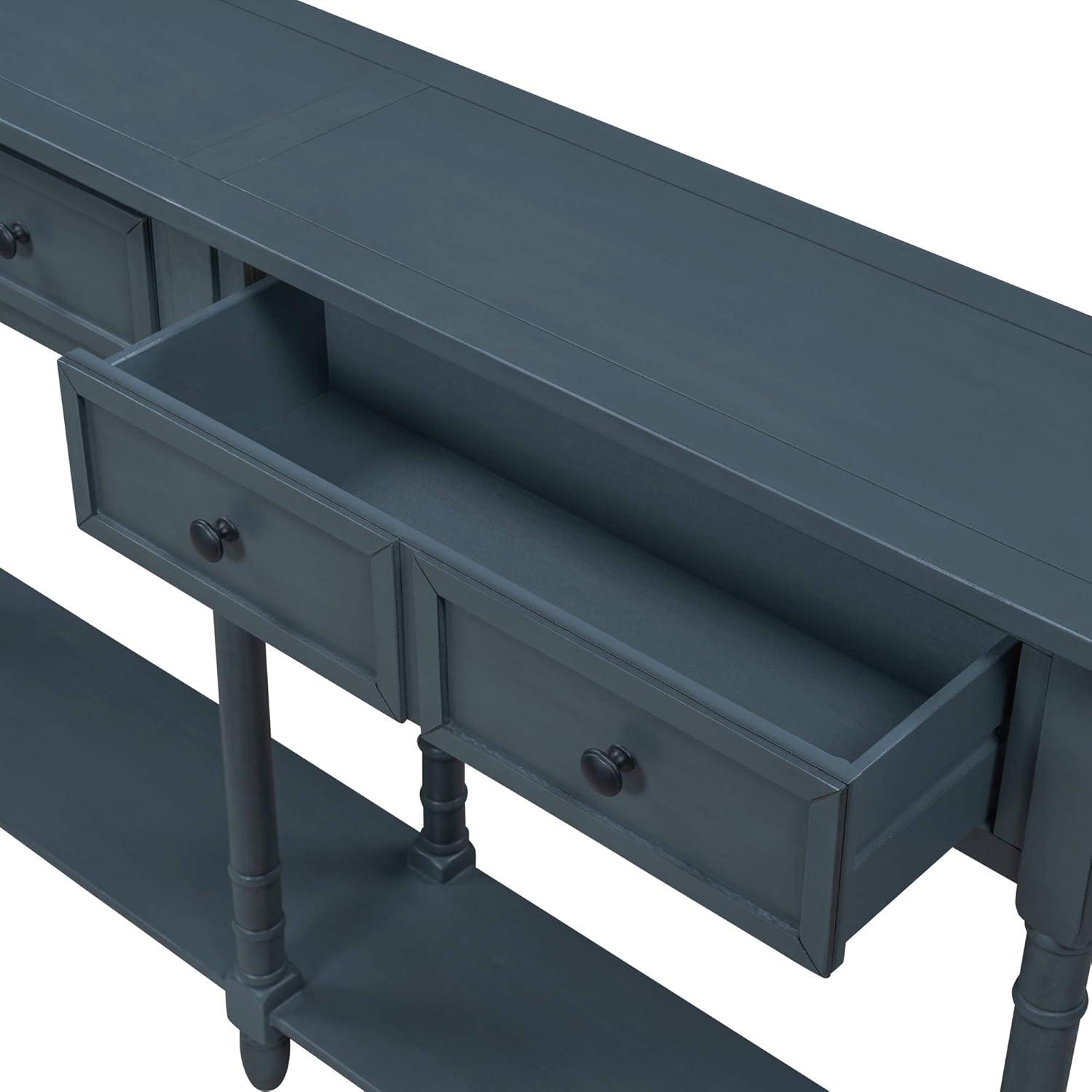58" Console Table with Two Drawers and Bottom Shelf, Farmhouse Long Sofa Table with Solid Wood Legs, Storage Cabinet Sideboard Table for Entryway Living Room Hallway, Easy Assembly, Antique Navy